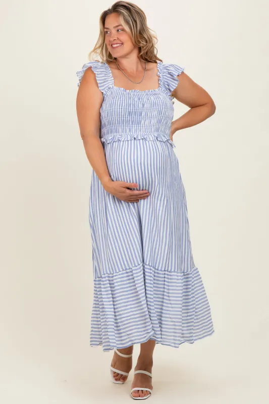 Blue Striped Smocked Maternity Plus Midi Dress made by Blu Pepper