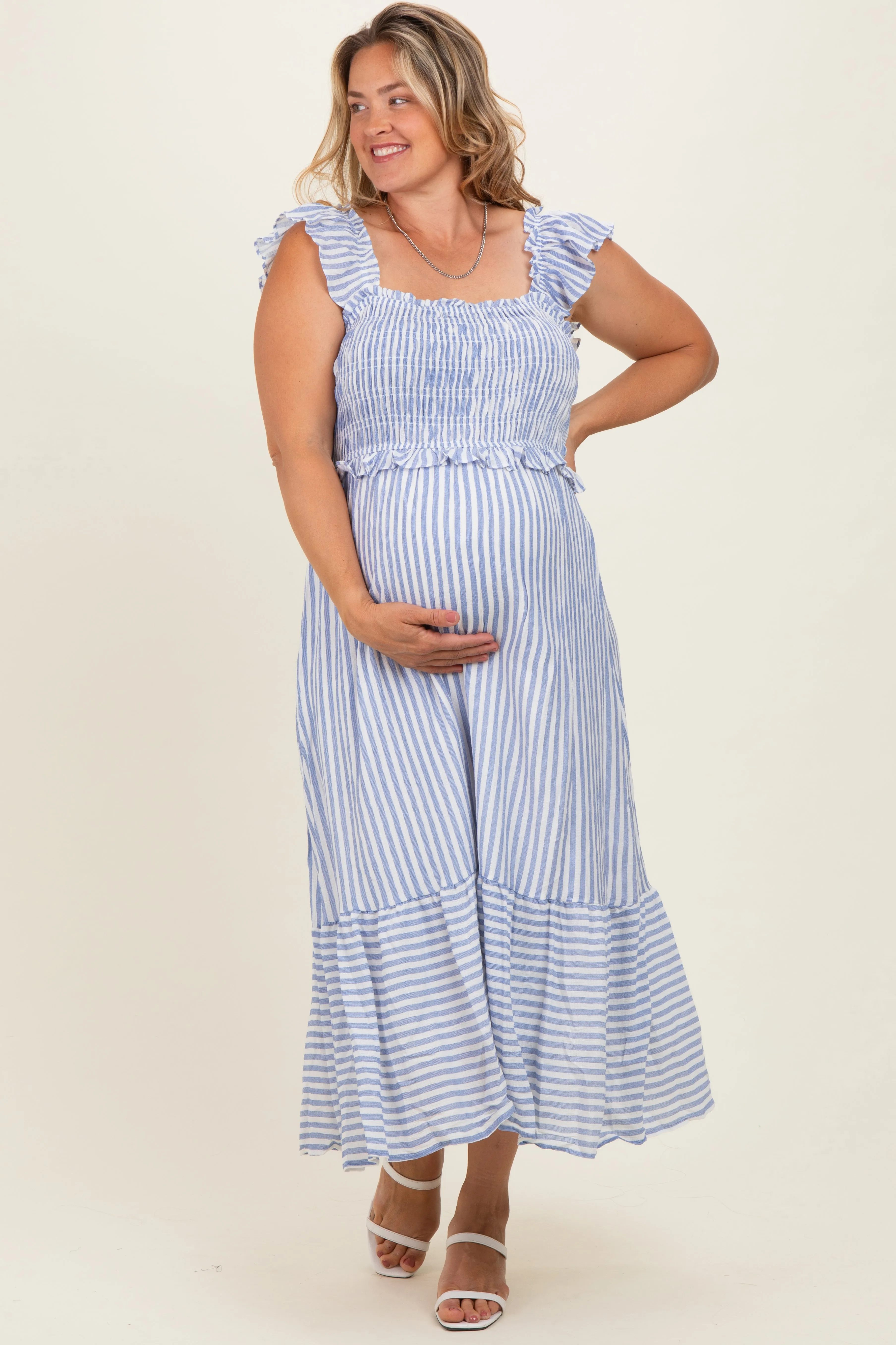 Blue Striped Smocked Maternity Plus Midi Dress sold by Pinkblush