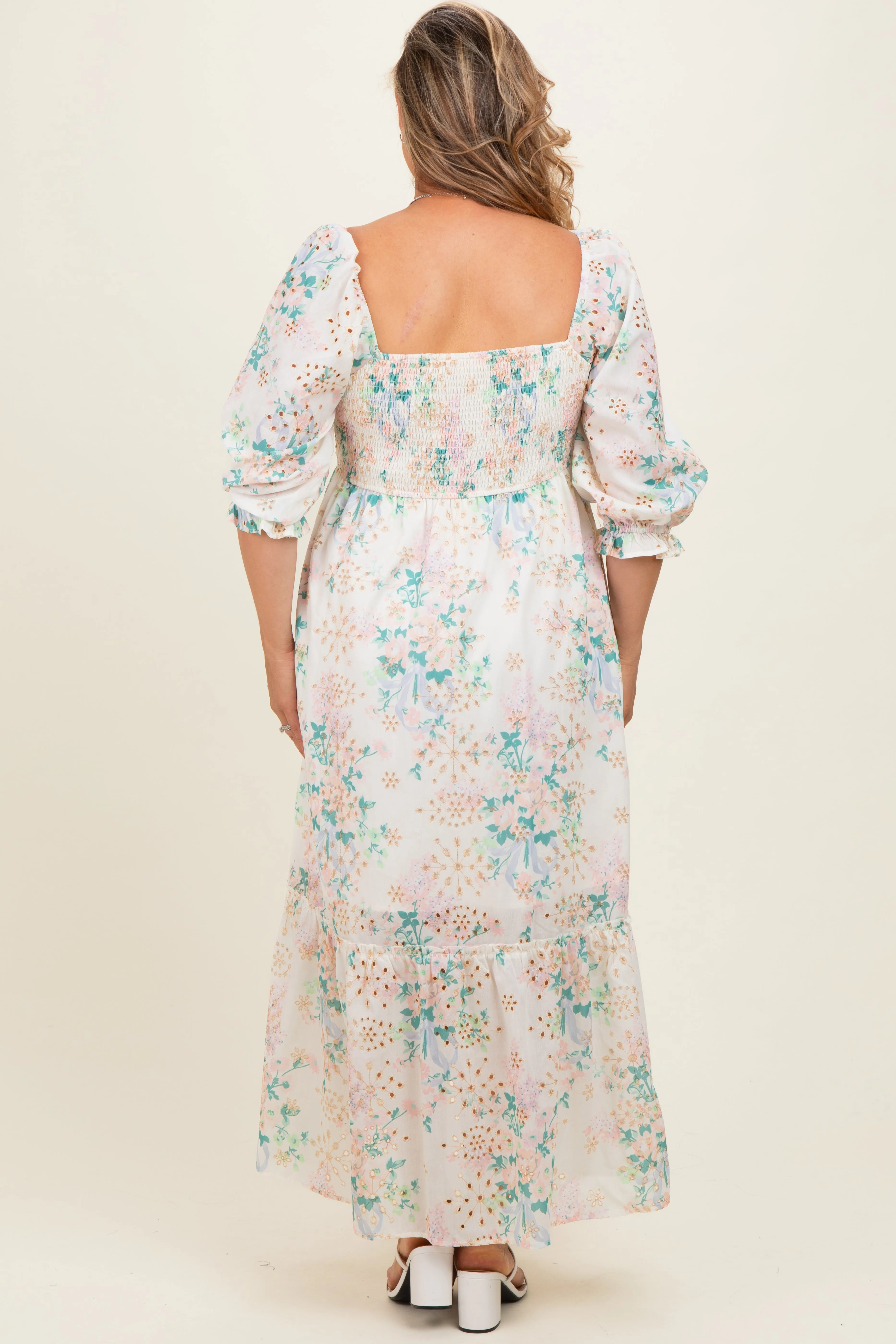 Ivory Floral Smocked 3/4 Sleeve Maternity Plus Maxi Dress sold by Pinkblush product image thumbnail 4