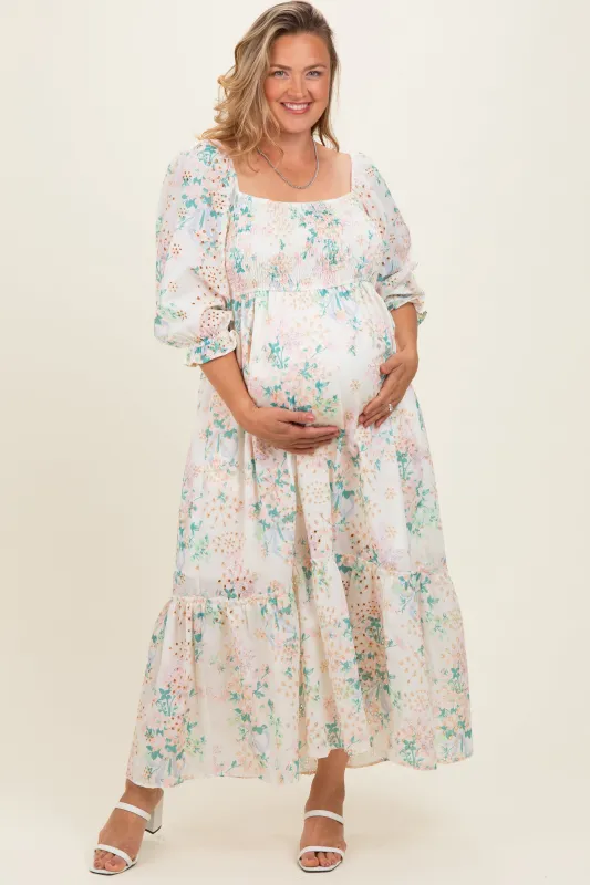 Ivory Floral Smocked 3/4 Sleeve Maternity Plus Maxi Dress made by Jnna