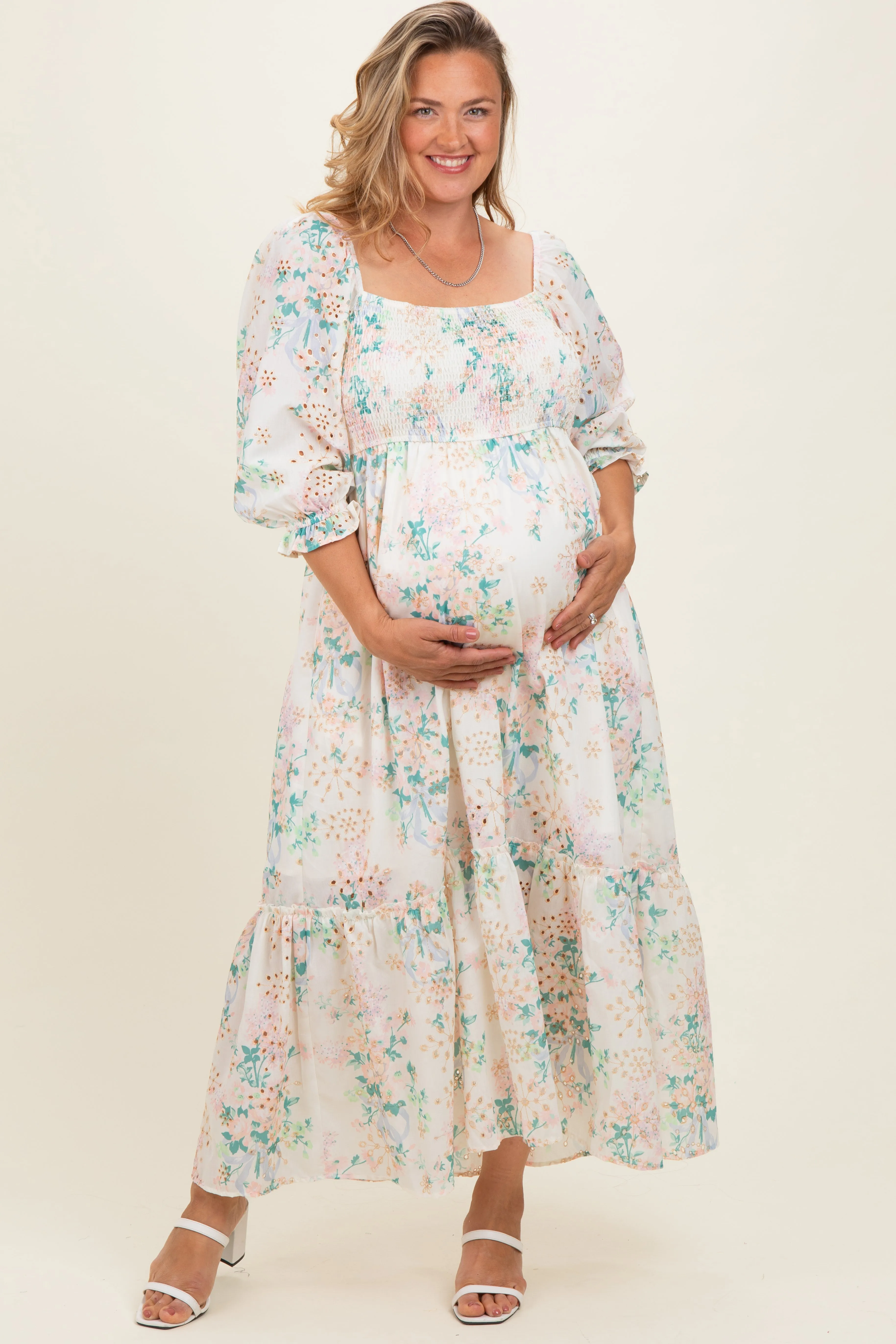 Ivory Floral Smocked 3/4 Sleeve Maternity Plus Maxi Dress sold by Pinkblush
