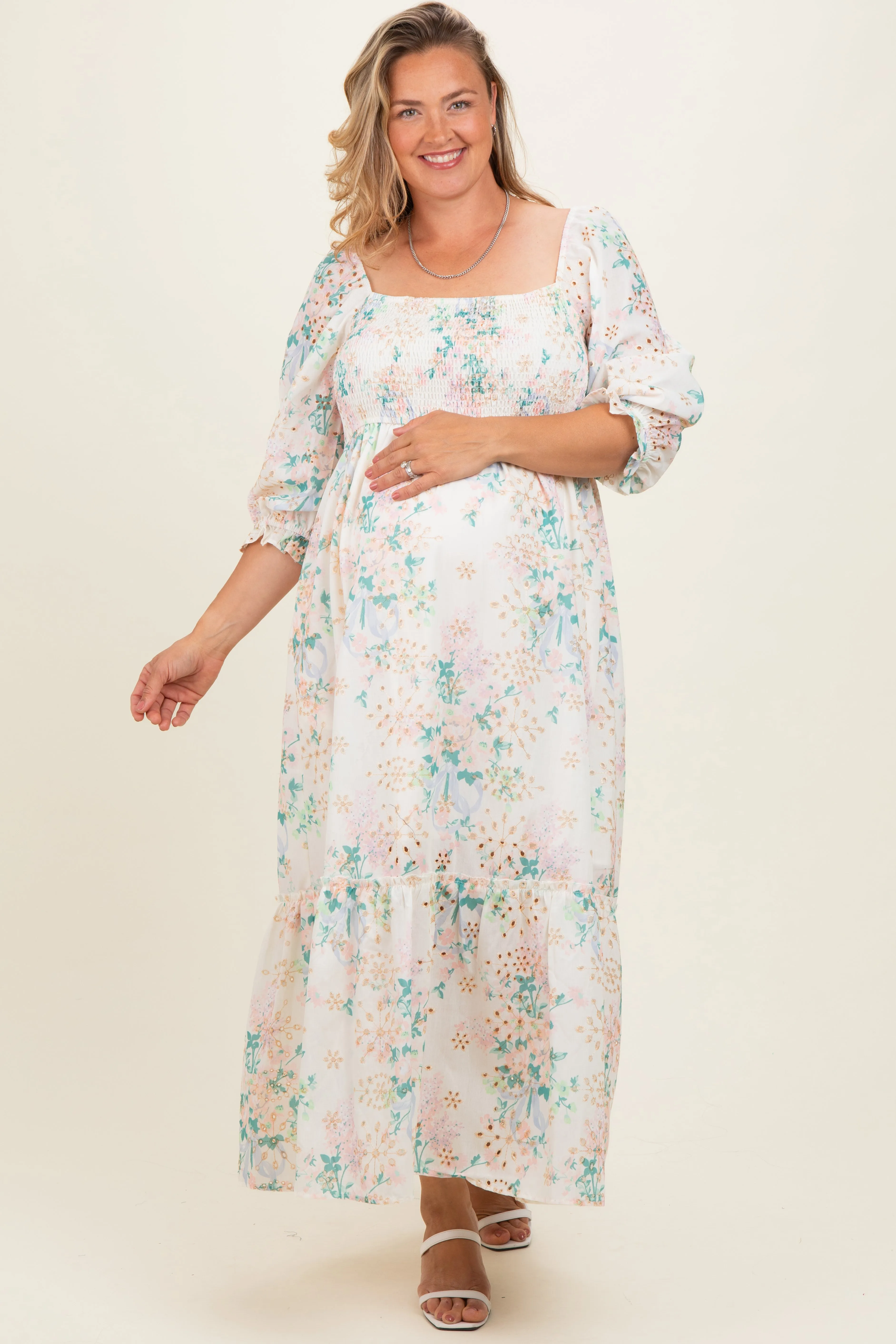 Ivory Floral Smocked 3/4 Sleeve Maternity Plus Maxi Dress sold by Pinkblush product image thumbnail 2