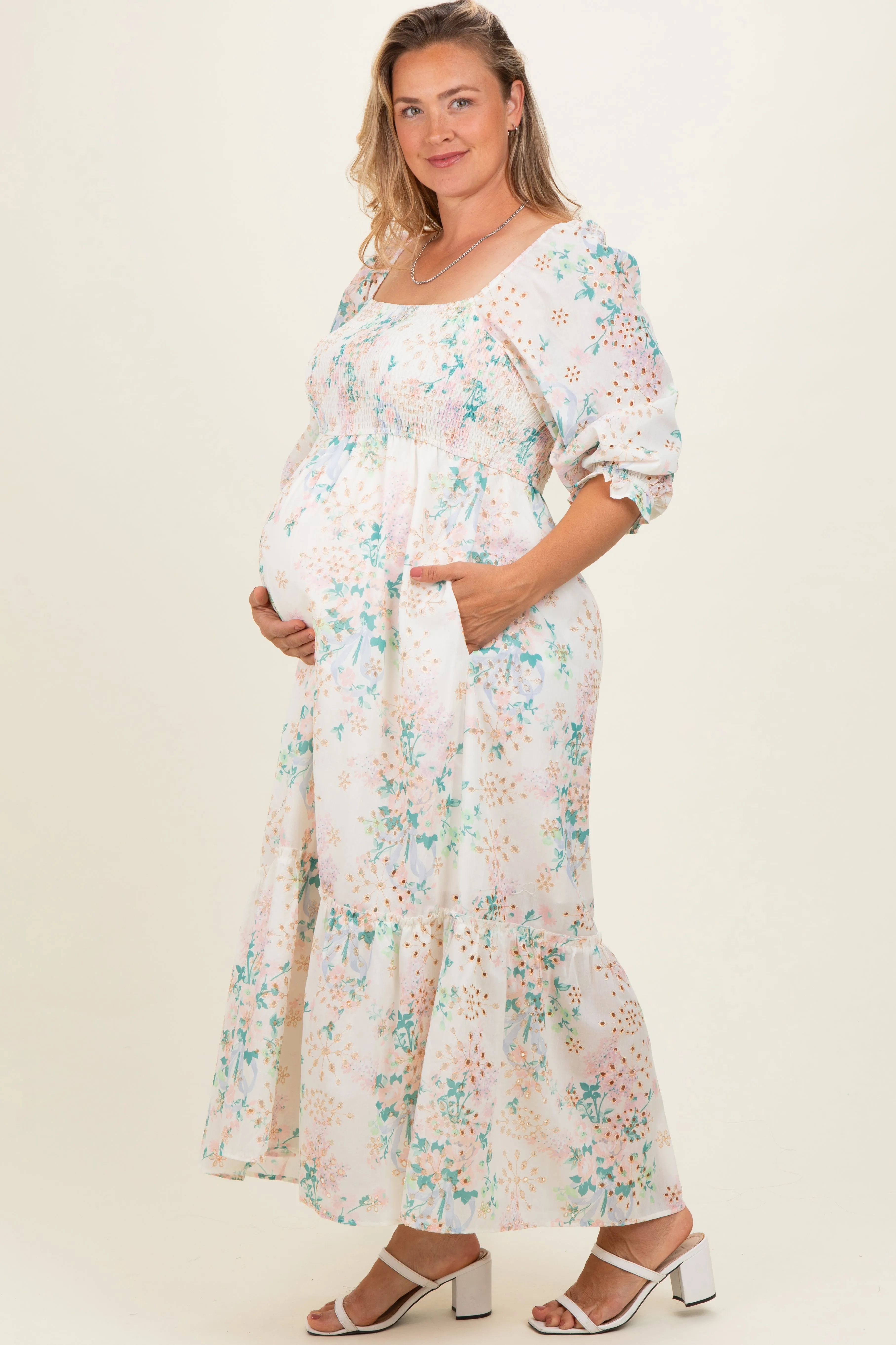 Ivory Floral Smocked 3/4 Sleeve Maternity Plus Maxi Dress sold by Pinkblush product image thumbnail 3