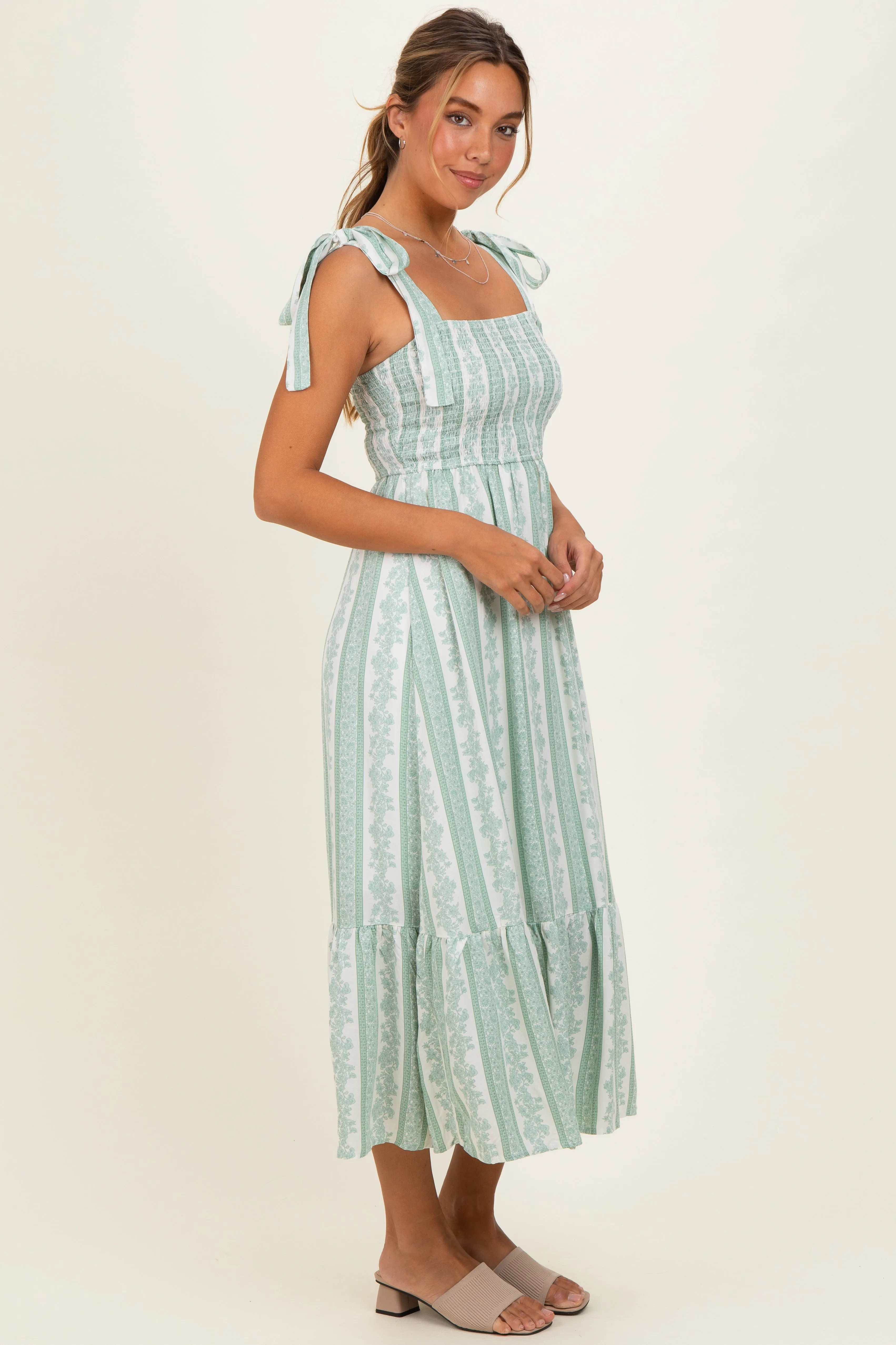 Sage Floral Stripe Smocked Shoulder Tie Midi Dress sold by Pinkblush product image thumbnail 2