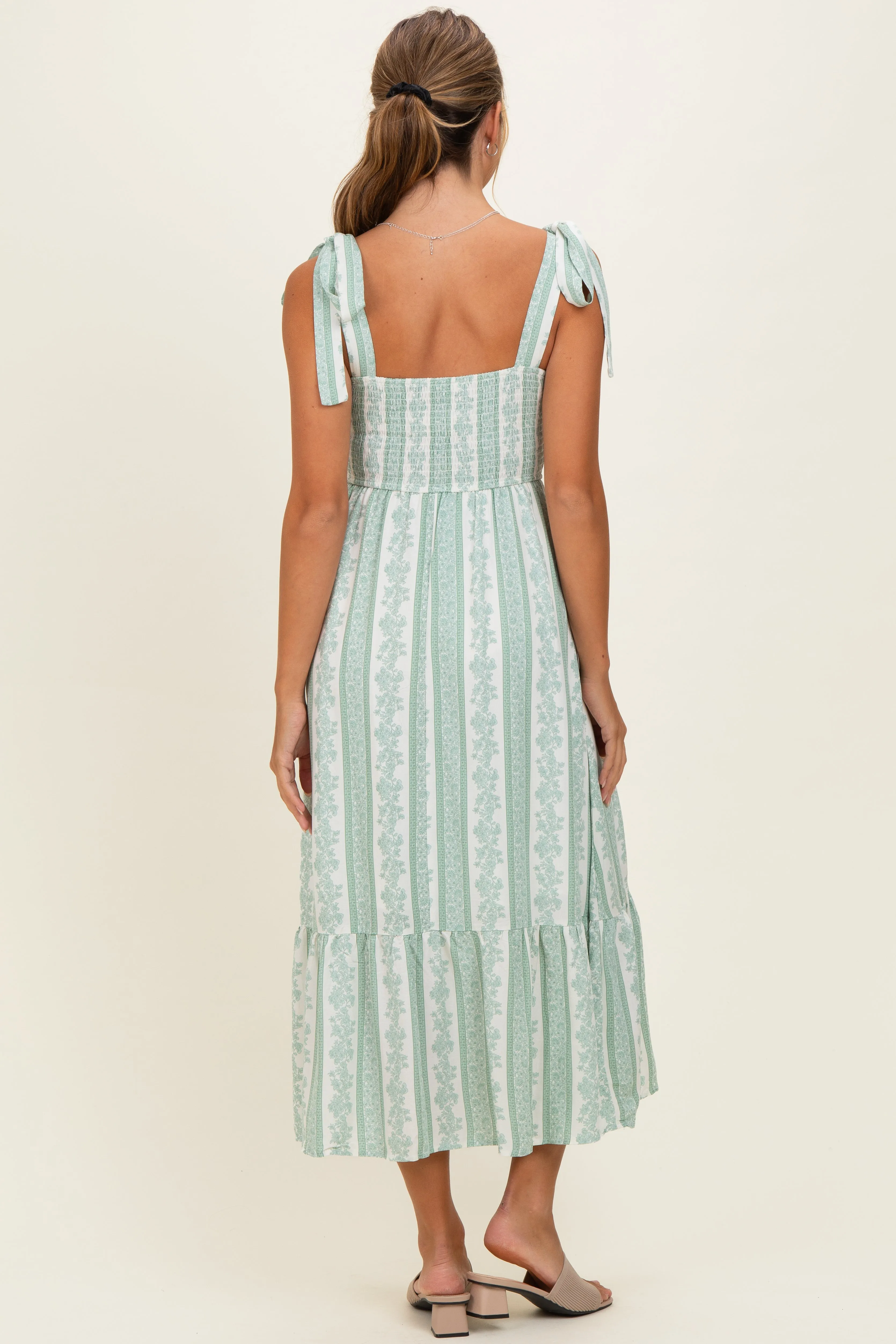 Sage Floral Stripe Smocked Shoulder Tie Midi Dress sold by Pinkblush product image thumbnail 3
