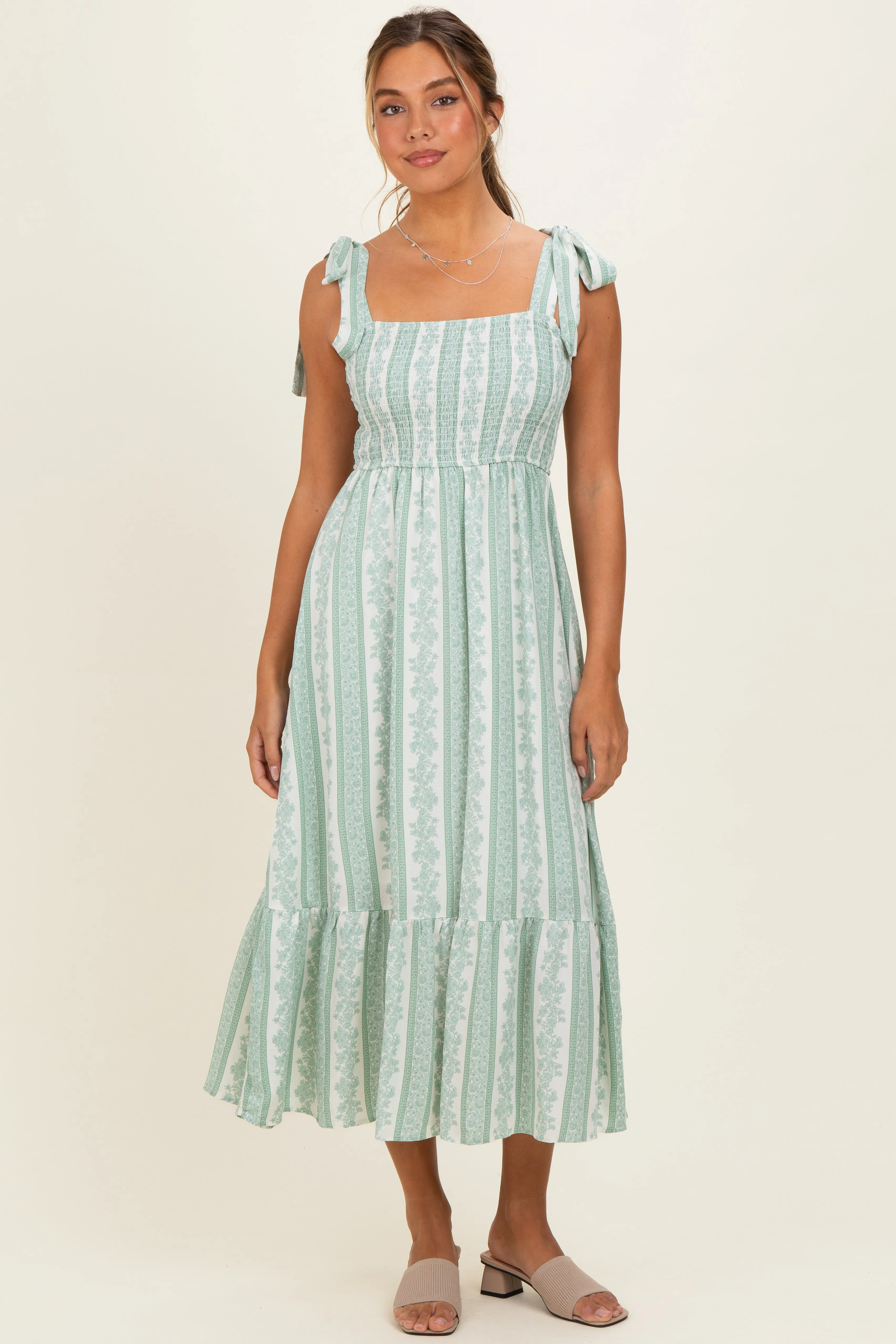 Sage Floral Stripe Smocked Shoulder Tie Midi Dress sold by Pinkblush