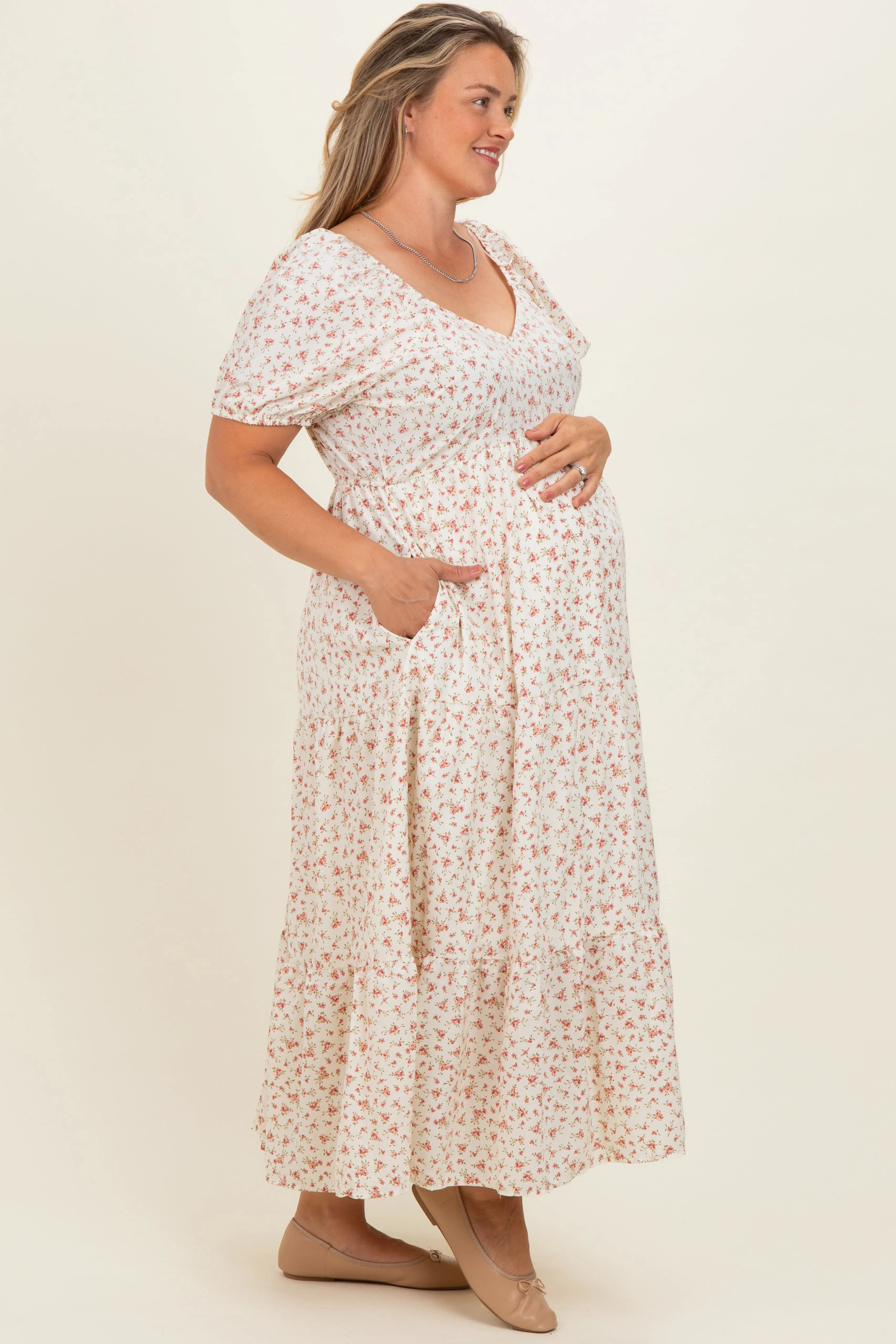Ivory Floral V-Neck Maternity Plus Maxi Dress sold by Pinkblush product image thumbnail 2