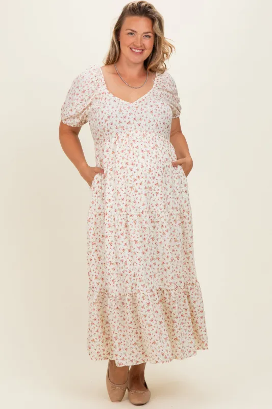 Ivory Floral V-Neck Maternity Plus Maxi Dress made by BaeVely