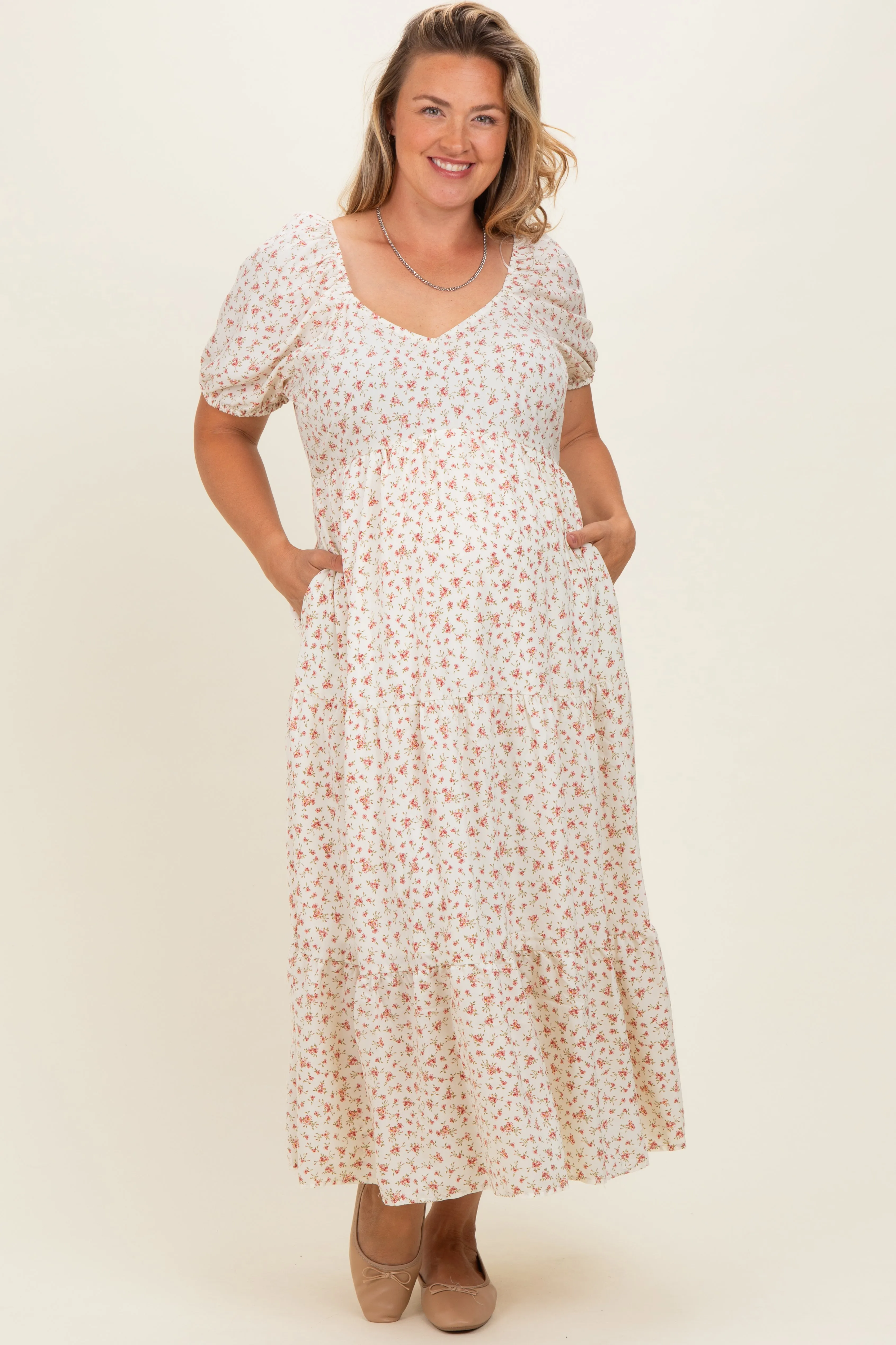 Ivory Floral V-Neck Maternity Plus Maxi Dress sold by Pinkblush