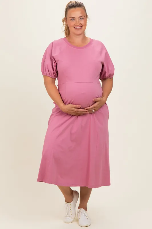 Pink Puff Sleeve Maternity Plus Midi Dress made by Polagram