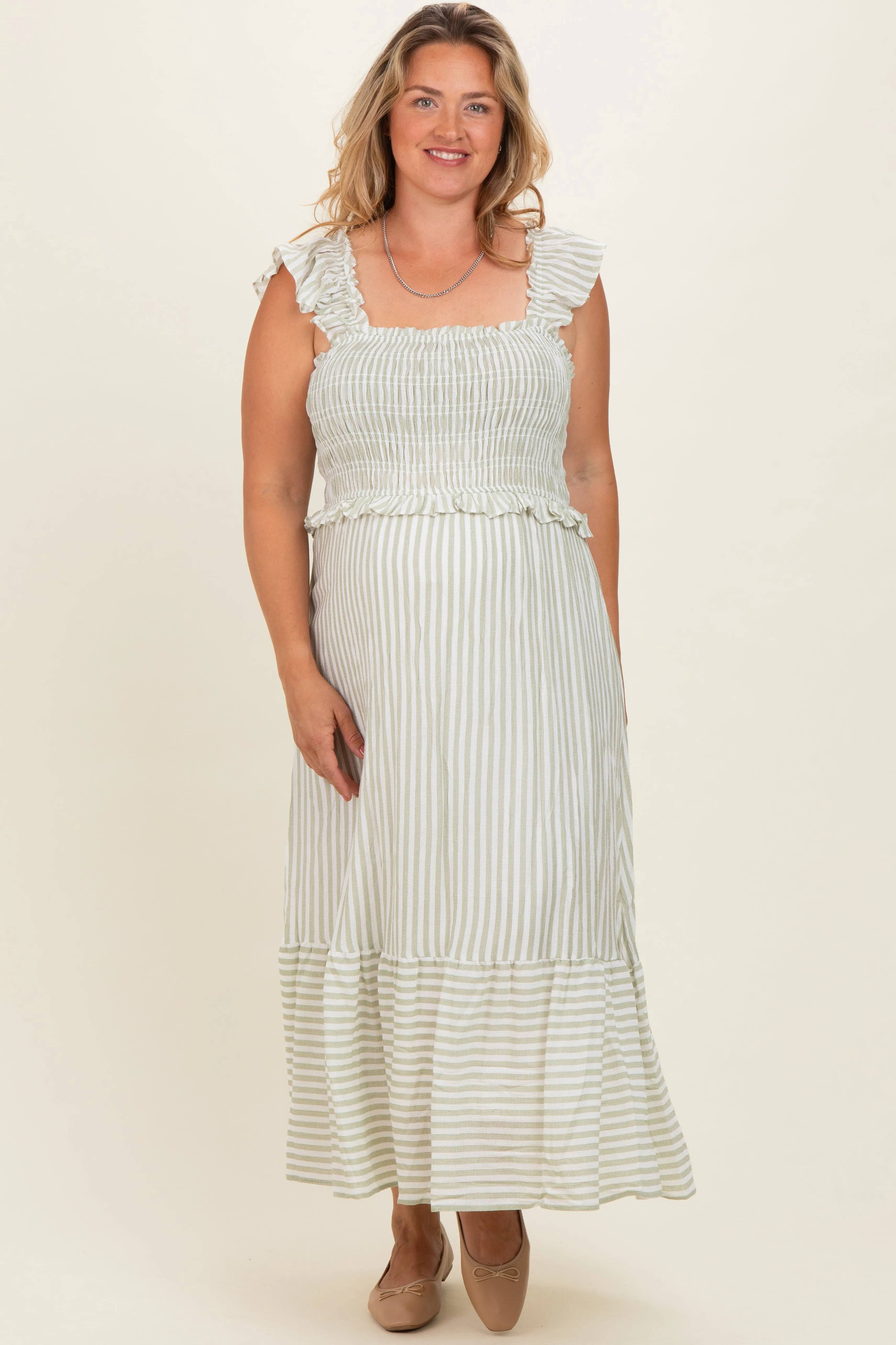 Light Olive Striped Smocked Maternity Plus Midi Dress sold by Pinkblush