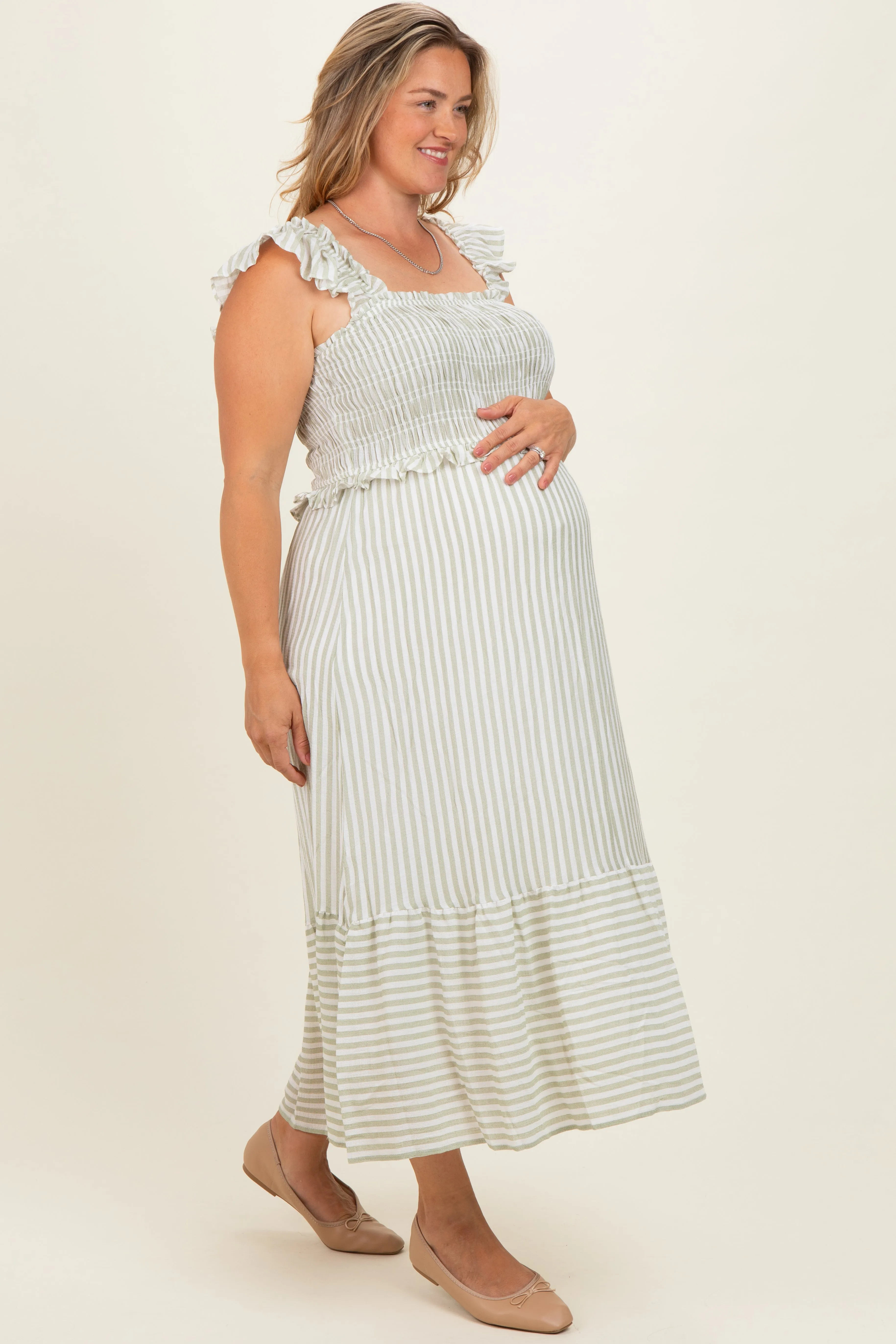 Light Olive Striped Smocked Maternity Plus Midi Dress sold by Pinkblush product image thumbnail 2