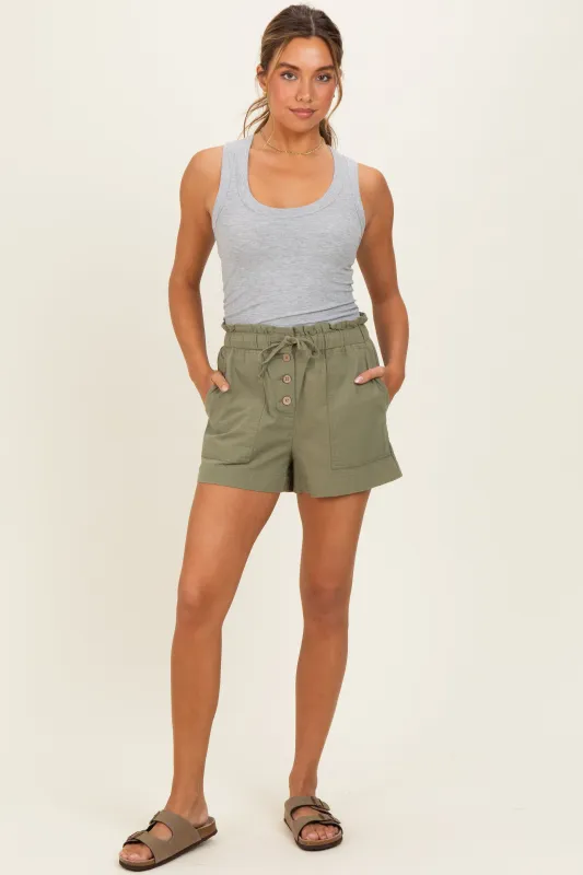 Olive Paper Bag Button Up Twill Shorts made by So Me