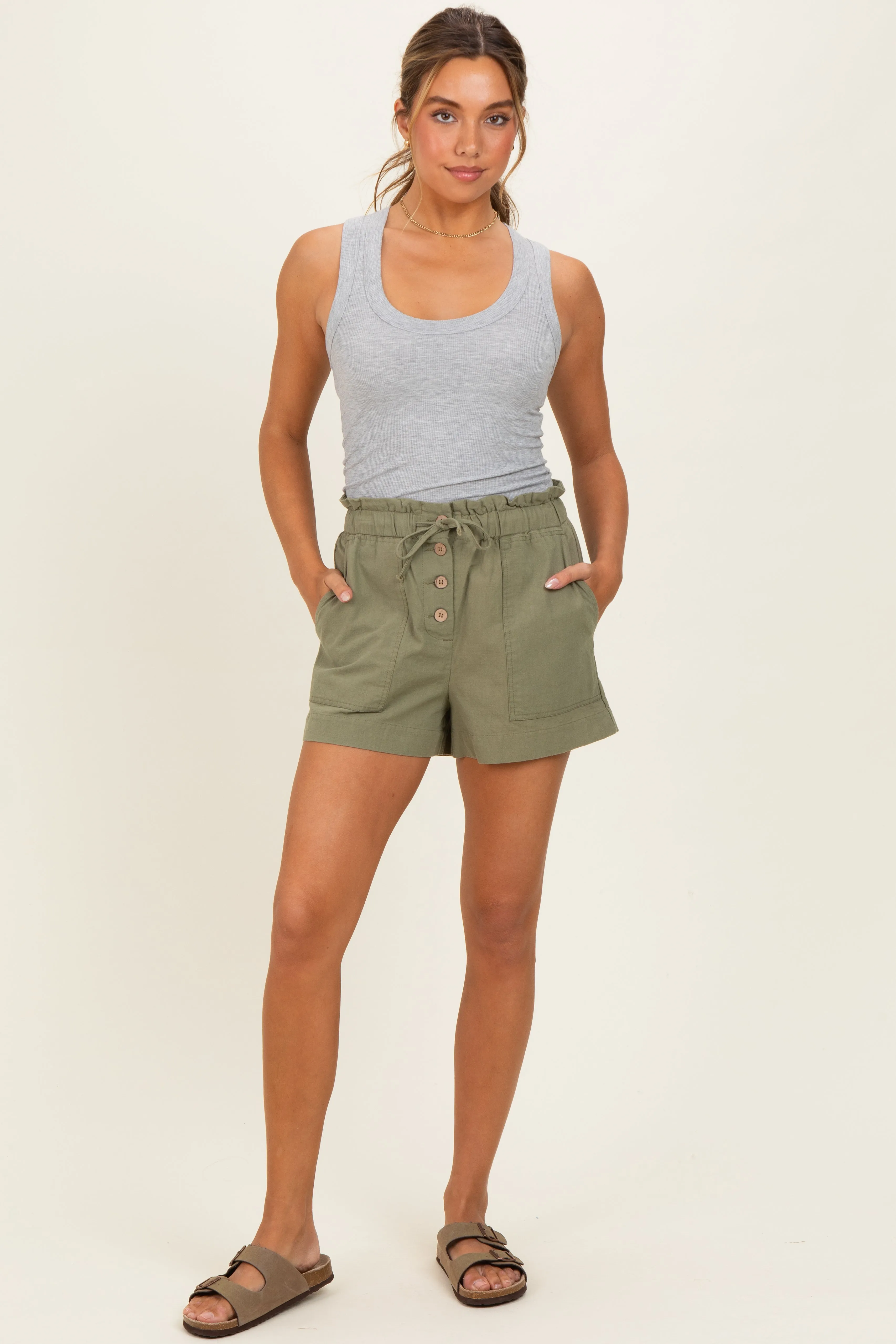 Olive Paper Bag Button Up Twill Shorts sold by Pinkblush