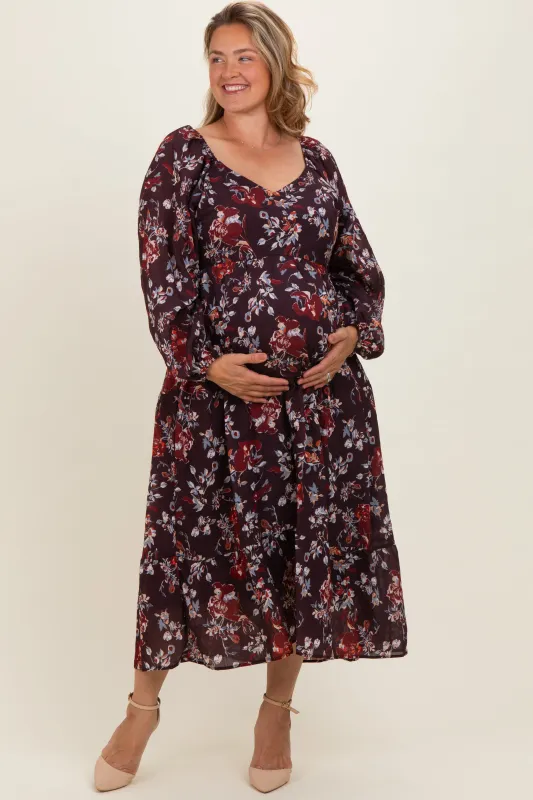 Brown Floral V-Neck Bubble Sleeve Maternity Maxi Dress made by Polagram