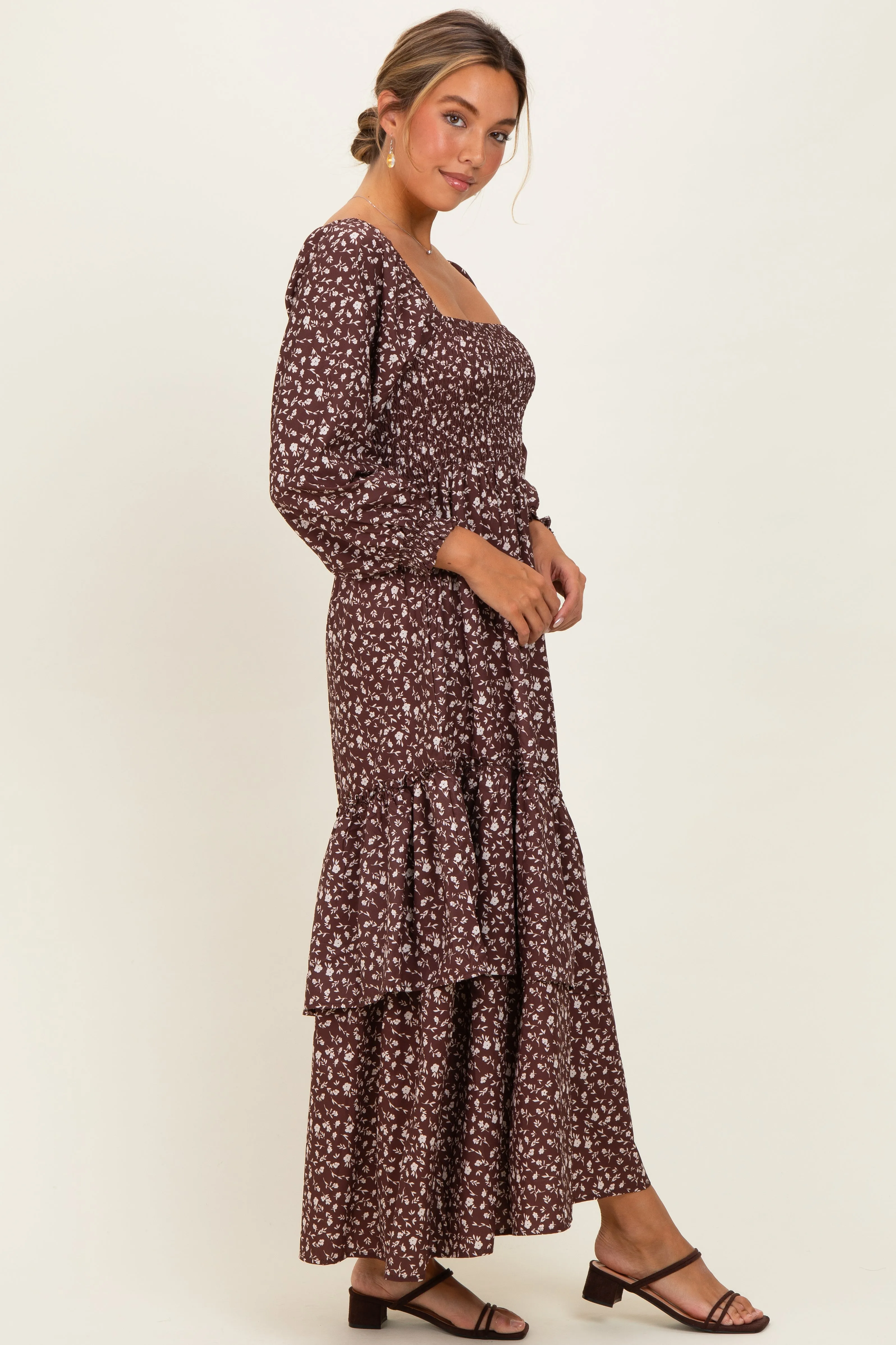Brown Floral Asymmetrical Ruffle Hem Maxi Dress sold by Pinkblush product image thumbnail 2