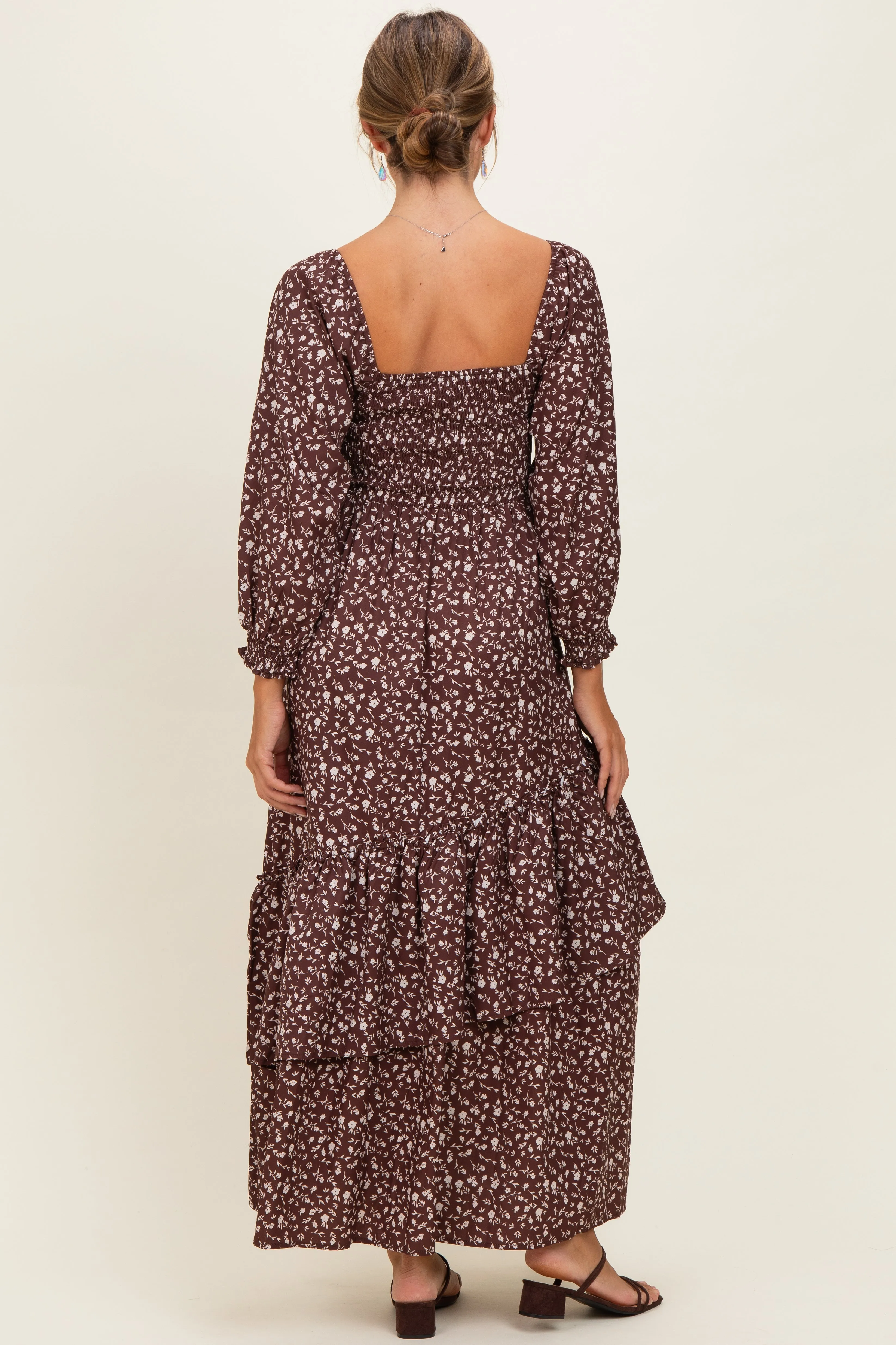 Brown Floral Asymmetrical Ruffle Hem Maxi Dress sold by Pinkblush product image thumbnail 3