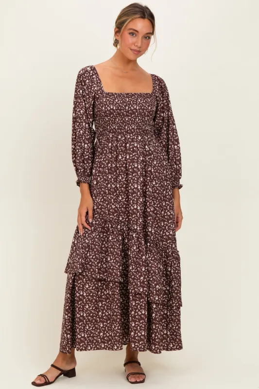 Brown Floral Asymmetrical Ruffle Hem Maxi Dress made by Pinkblush