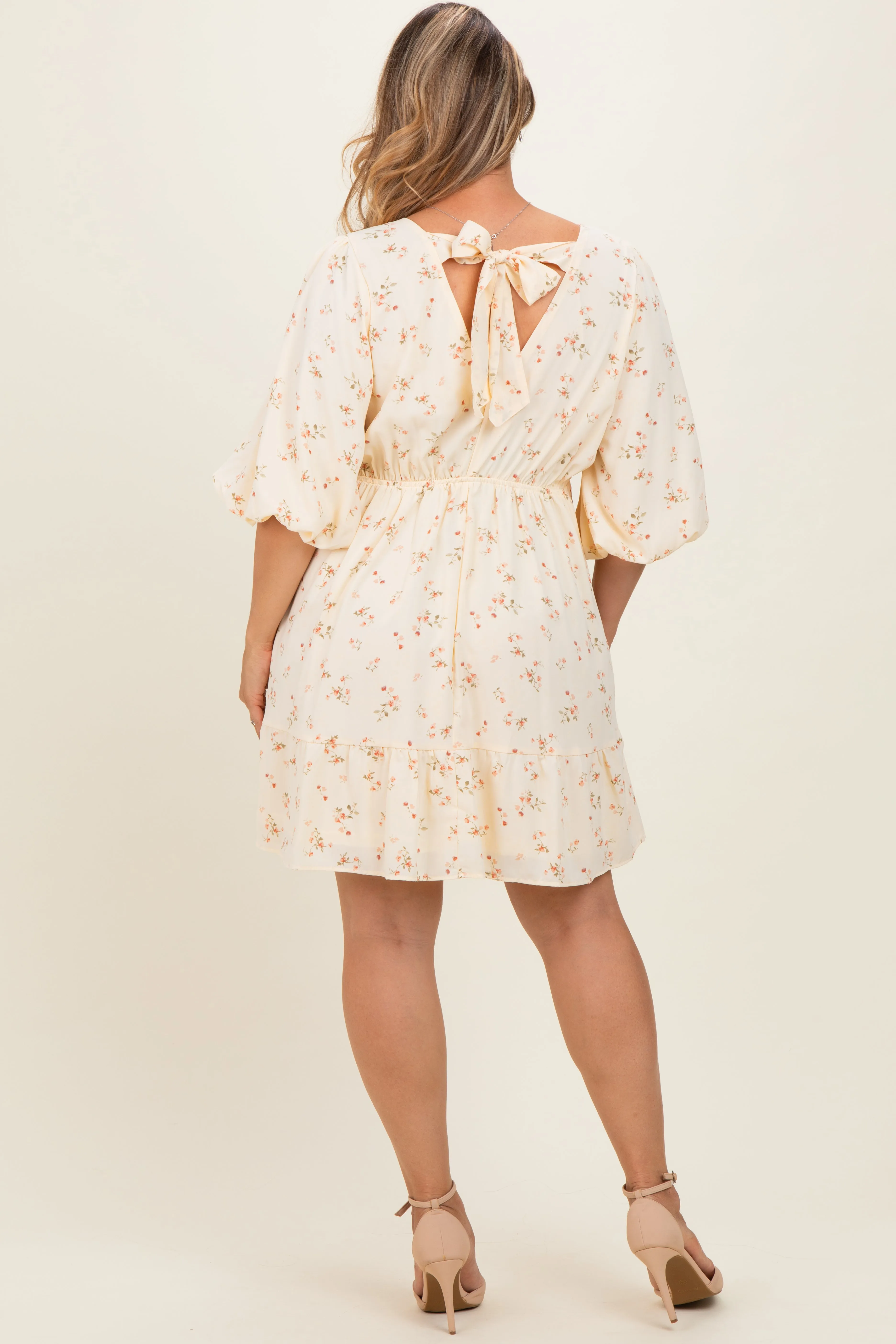 Light Yellow Floral Back Tie Maternity Plus Mini Dress sold by Pinkblush product image thumbnail 4