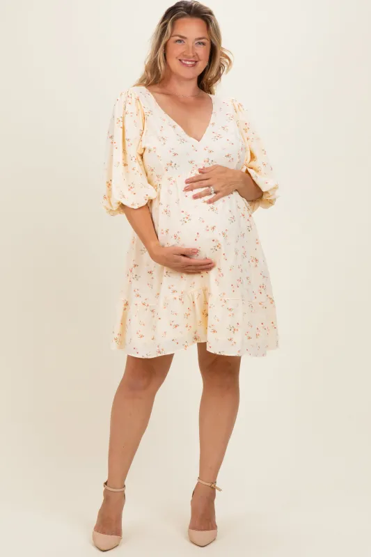 Light Yellow Floral Back Tie Maternity Plus Mini Dress made by BaeVely