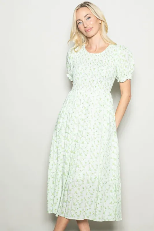 Light Green Rose Floral Smocked Puff Sleeve Midi Dress made by Pinkblush