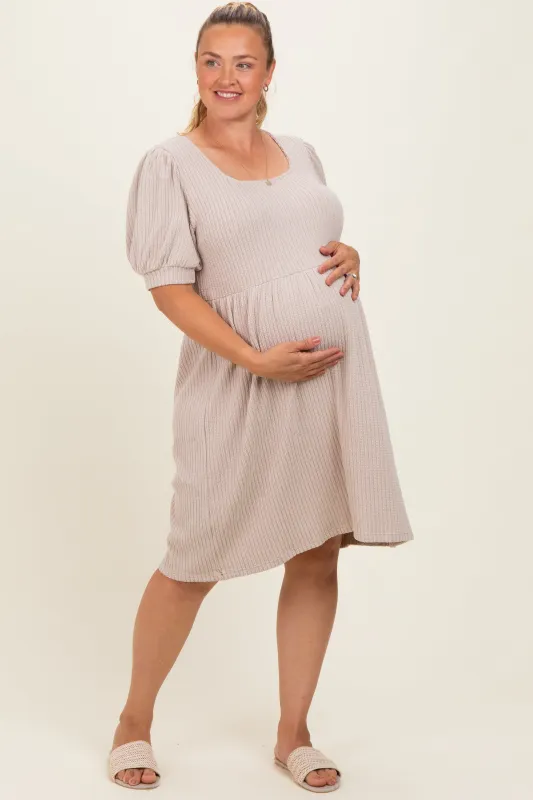 Beige Ribbed Knit Maternity Plus Midi Dress made by Polagram