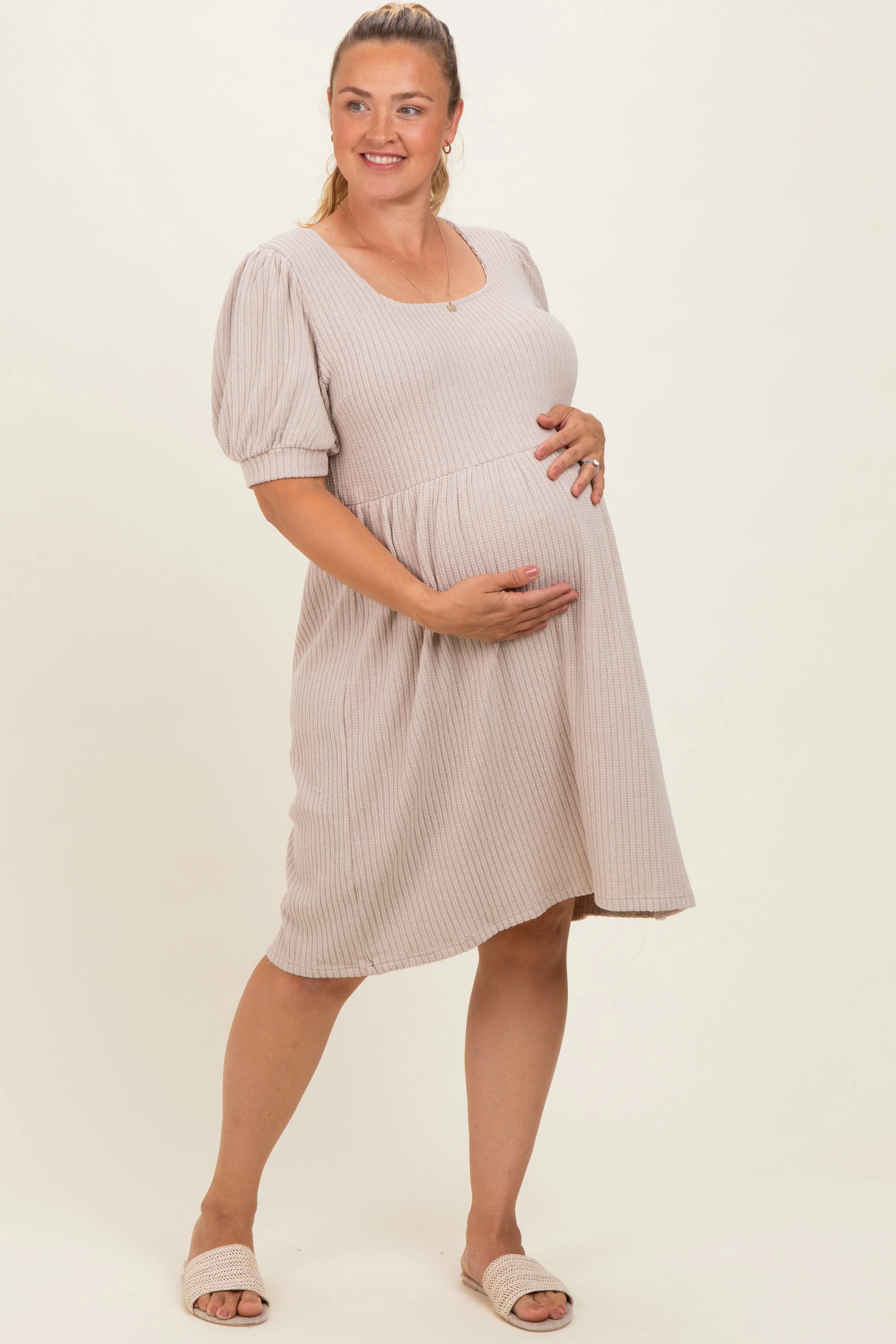 Beige Ribbed Knit Maternity Plus Midi Dress sold by Pinkblush