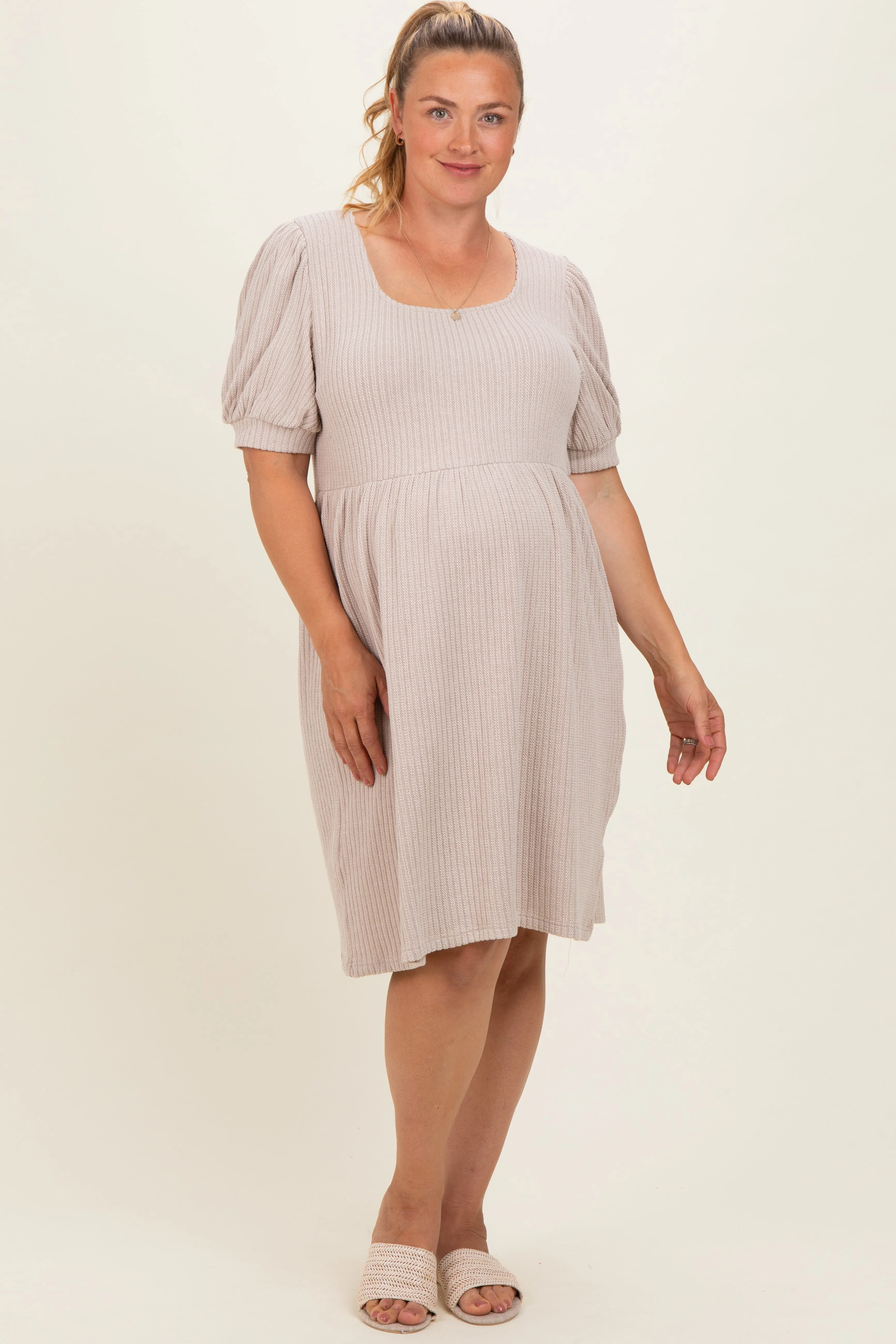 Beige Ribbed Knit Maternity Plus Midi Dress sold by Pinkblush product image thumbnail 2