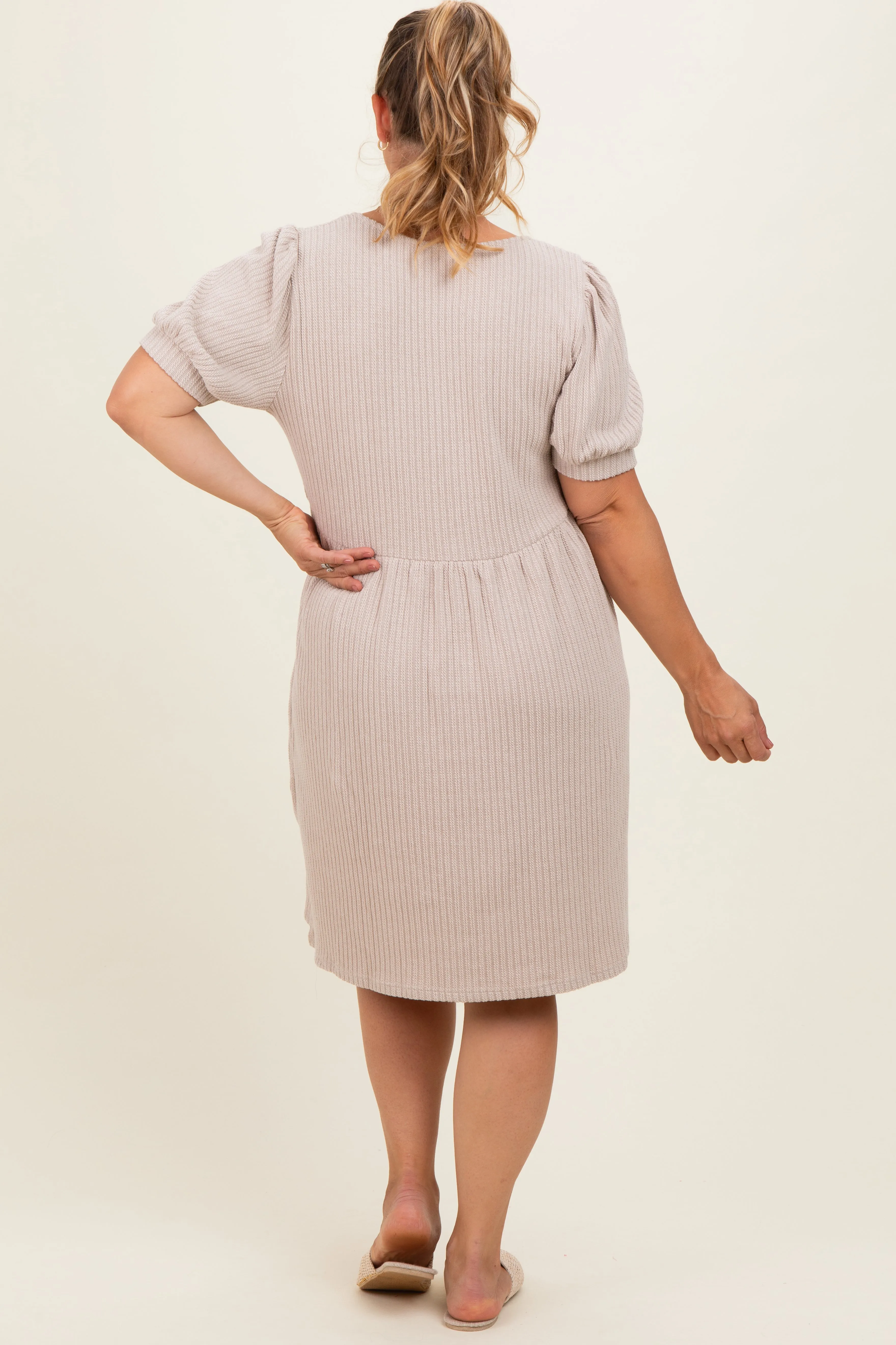 Beige Ribbed Knit Maternity Plus Midi Dress sold by Pinkblush product image thumbnail 3