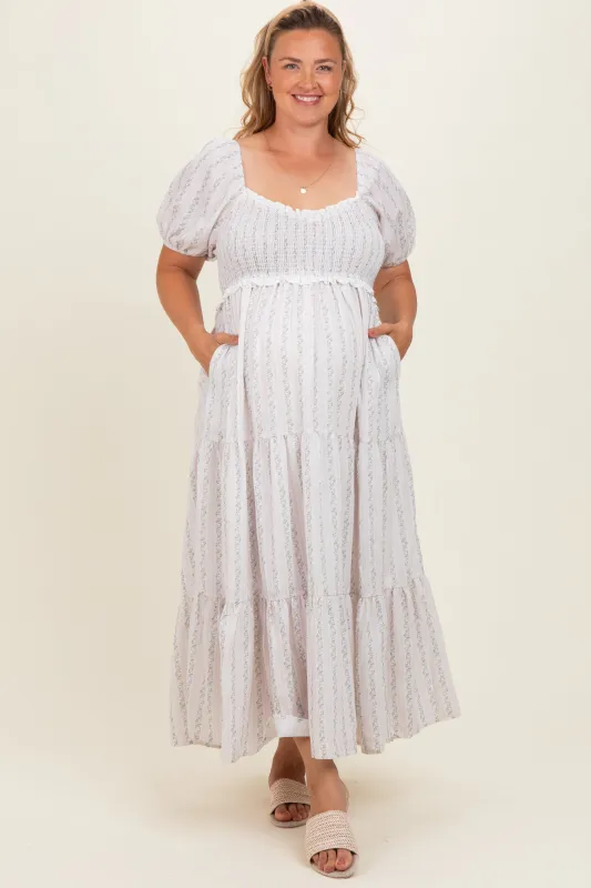 Light Yellow Floral Stripe Tiered Maternity Plus Maxi Dress made by BaeVely