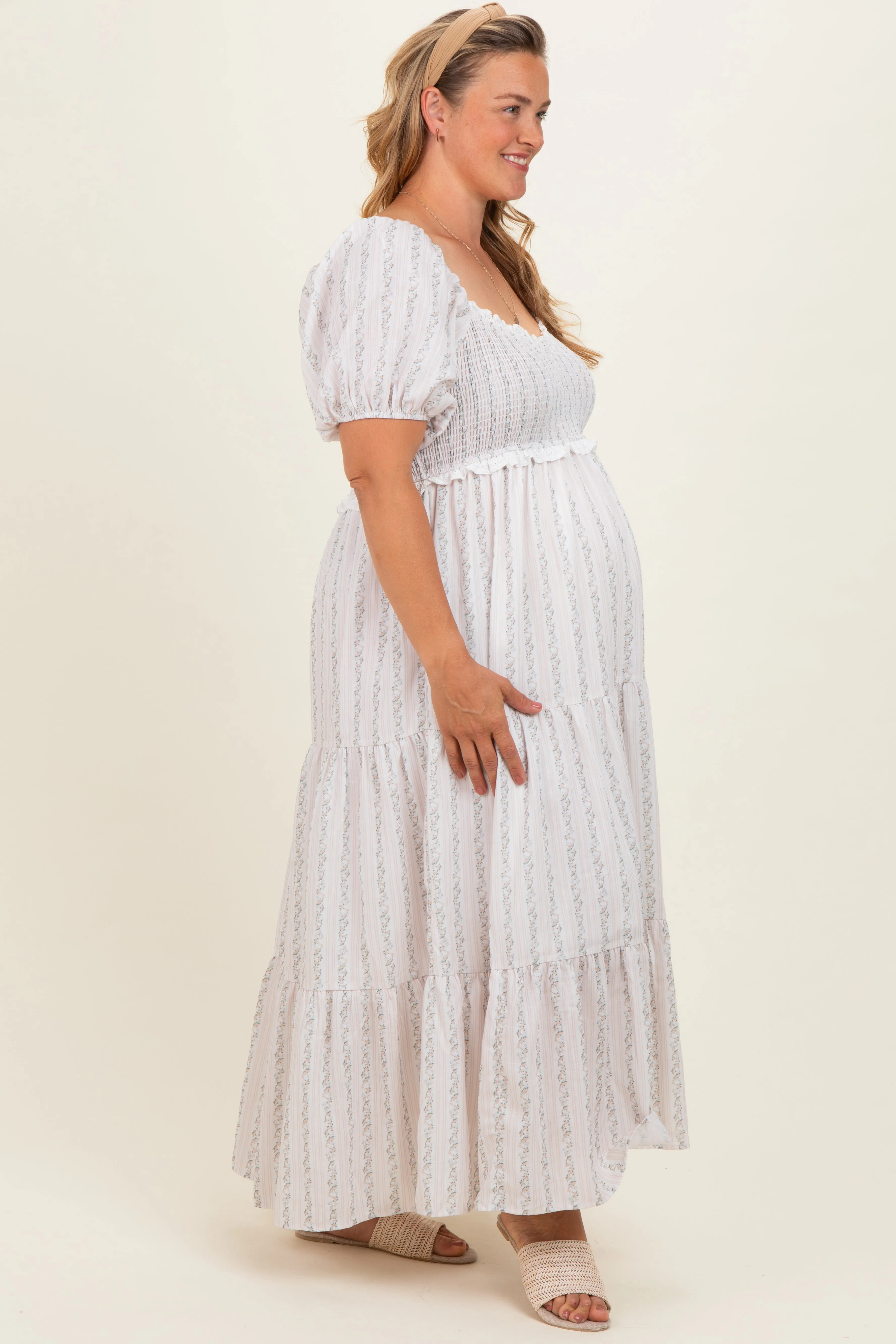 Light Yellow Floral Stripe Tiered Maternity Plus Maxi Dress sold by Pinkblush product image thumbnail 2