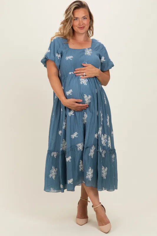 Dusty Blue Floral Print Ruffle Hem Maternity Plus Midi Dress made by Polagram