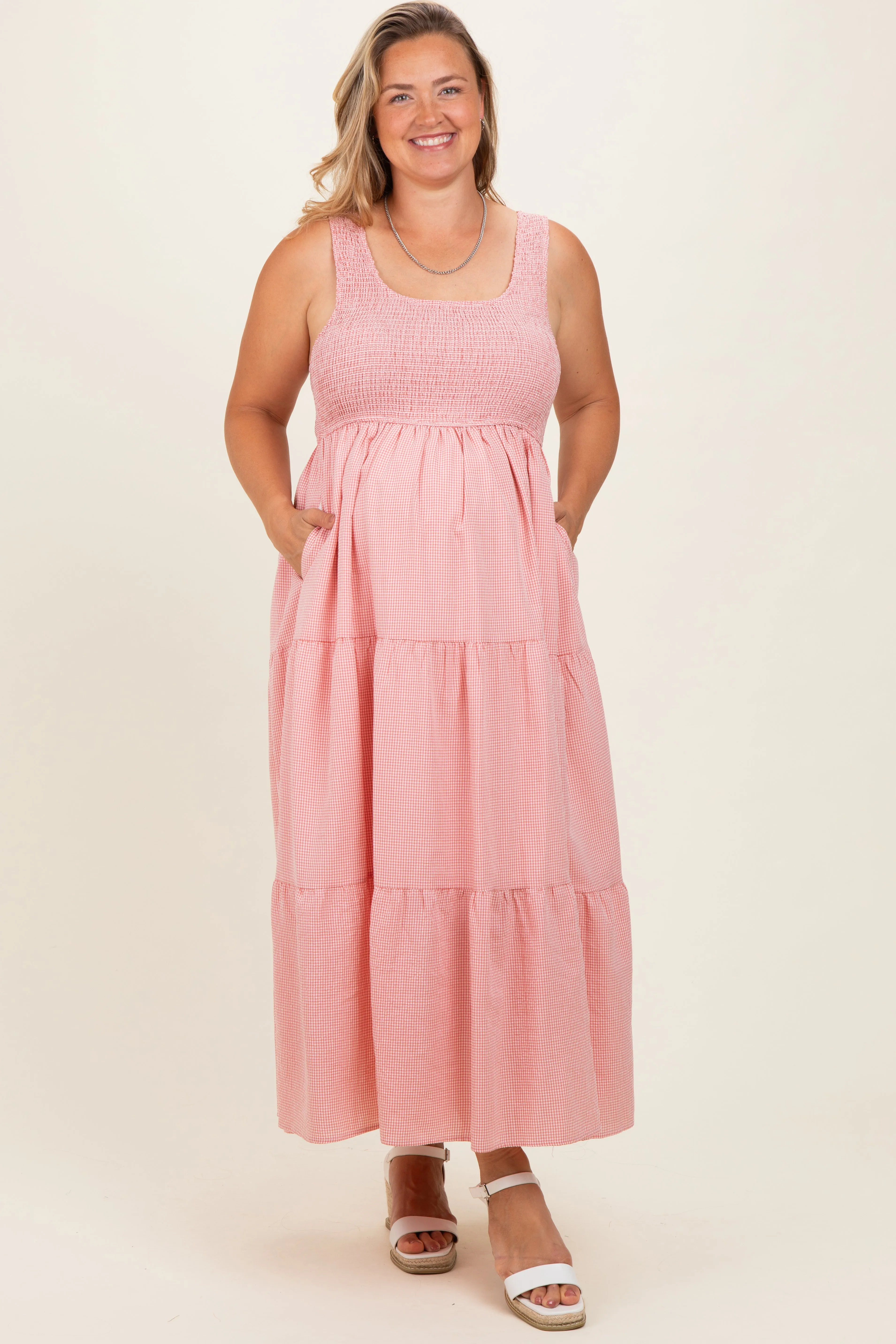 Pink Tiered Smocked Maternity Plus Maxi Dress sold by Pinkblush