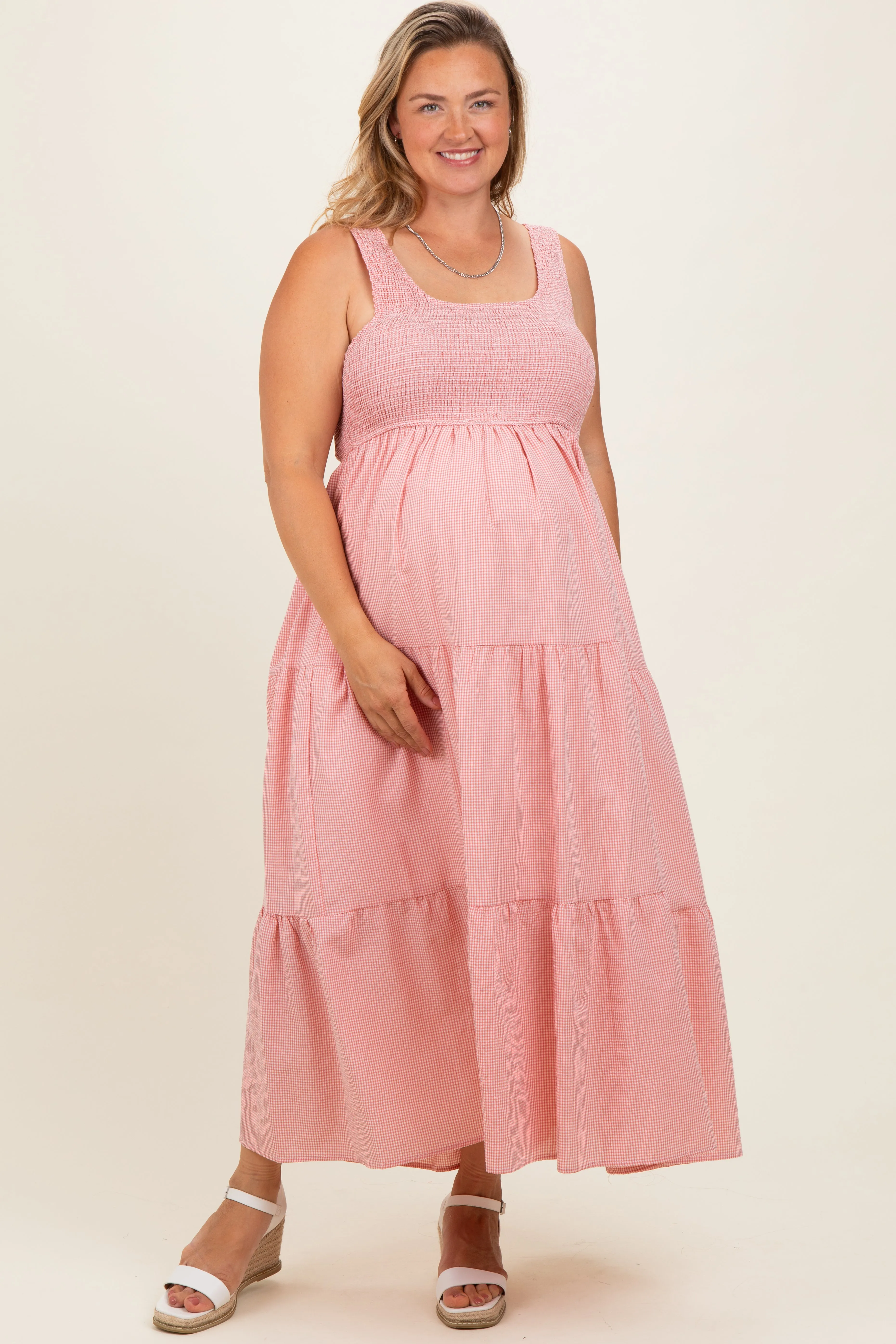Pink Tiered Smocked Maternity Plus Maxi Dress sold by Pinkblush product image thumbnail 2