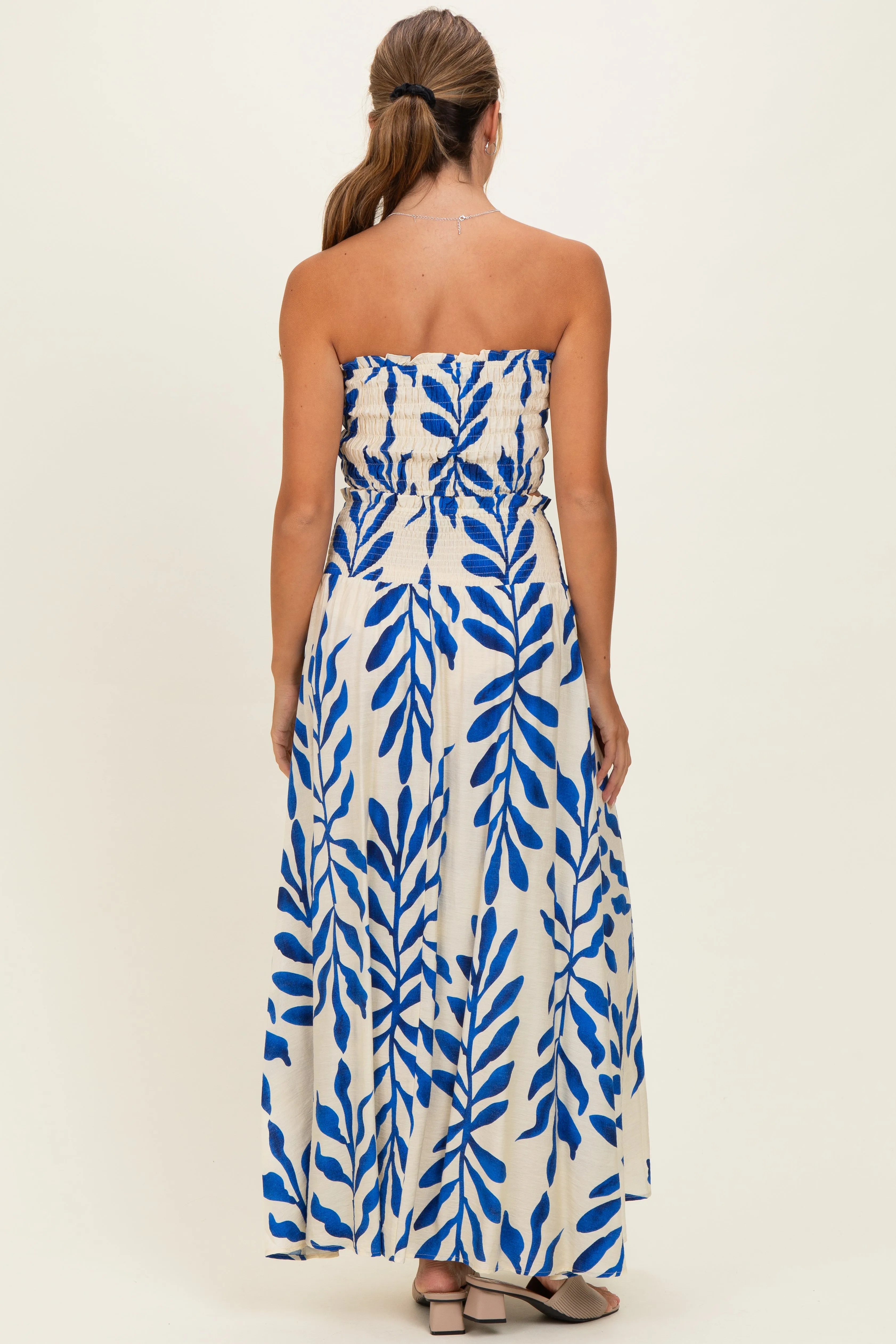 Royal Blue Leaf Print Smocked Crop Top Maxi Skirt Set sold by Pinkblush product image thumbnail 3