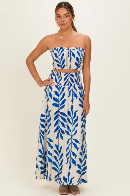 Royal Blue Leaf Print Smocked Crop Top Maxi Skirt Set made by Aakaa