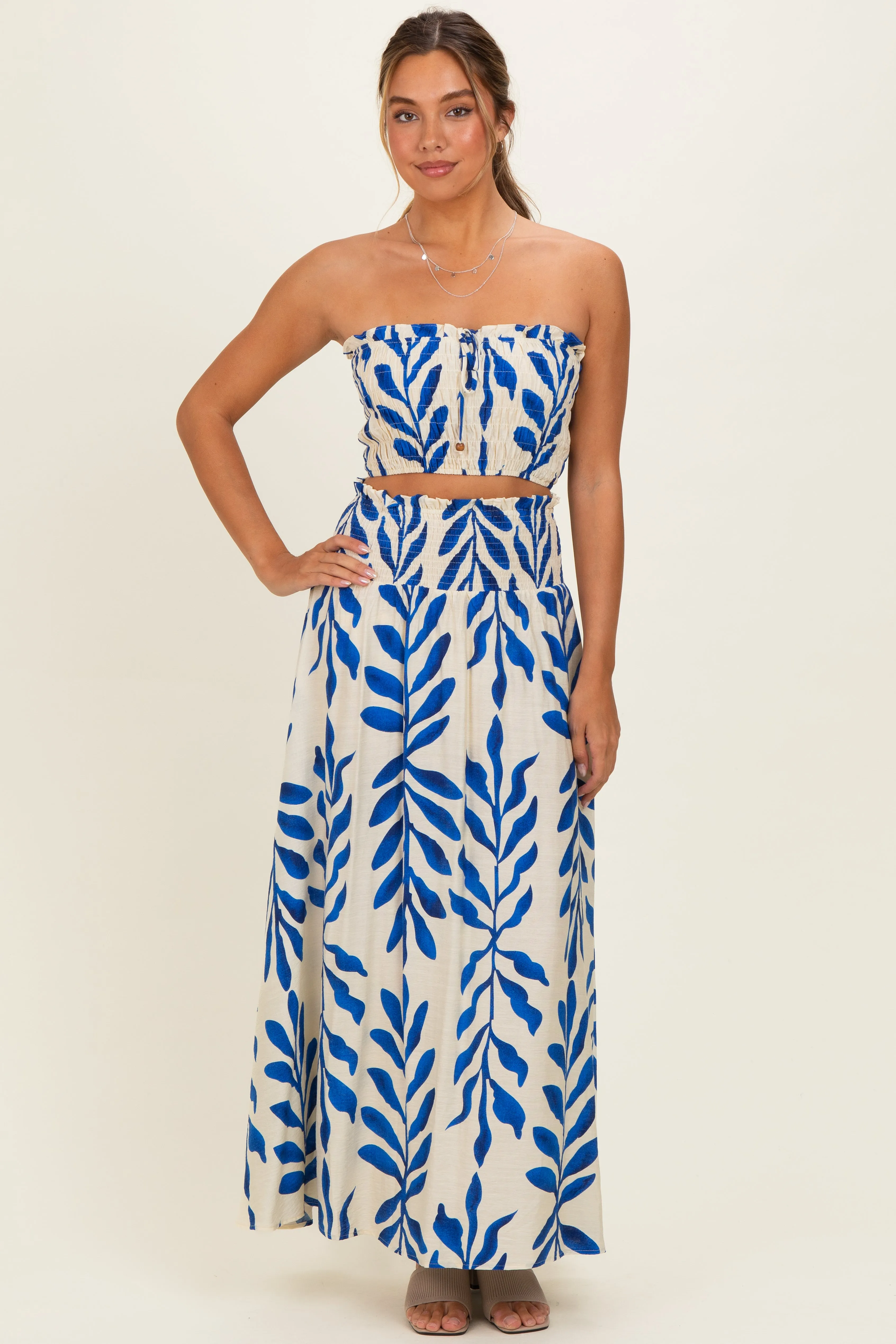 Royal Blue Leaf Print Smocked Crop Top Maxi Skirt Set sold by Pinkblush