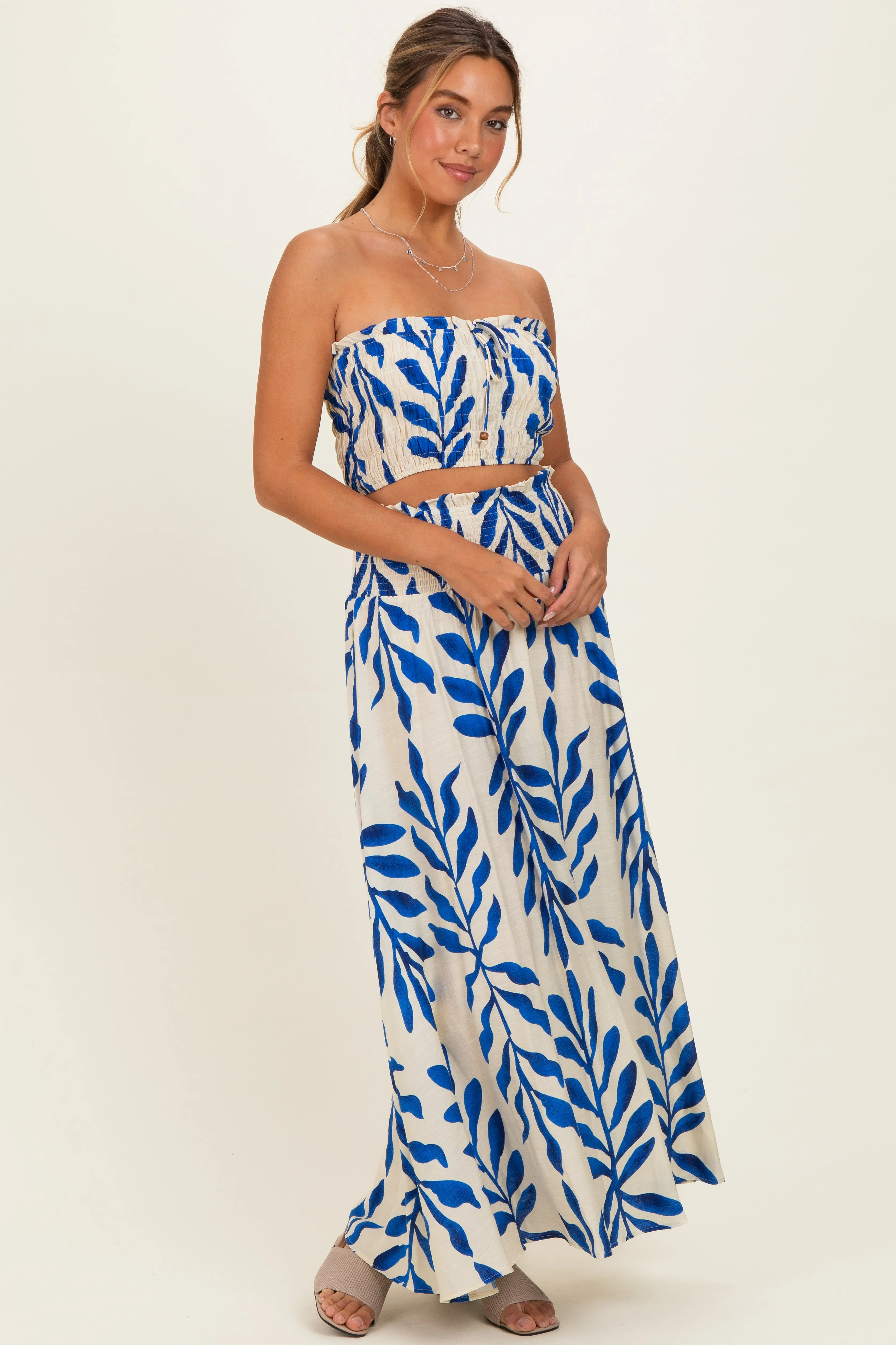 Royal Blue Leaf Print Smocked Crop Top Maxi Skirt Set sold by Pinkblush product image thumbnail 2