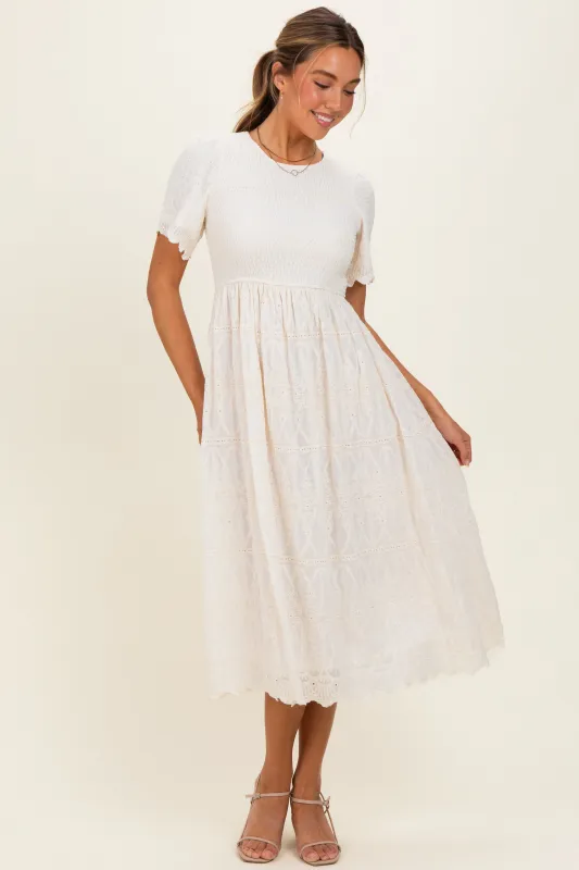 Cream Smocked Embroidered Midi Dress made by tea n rose