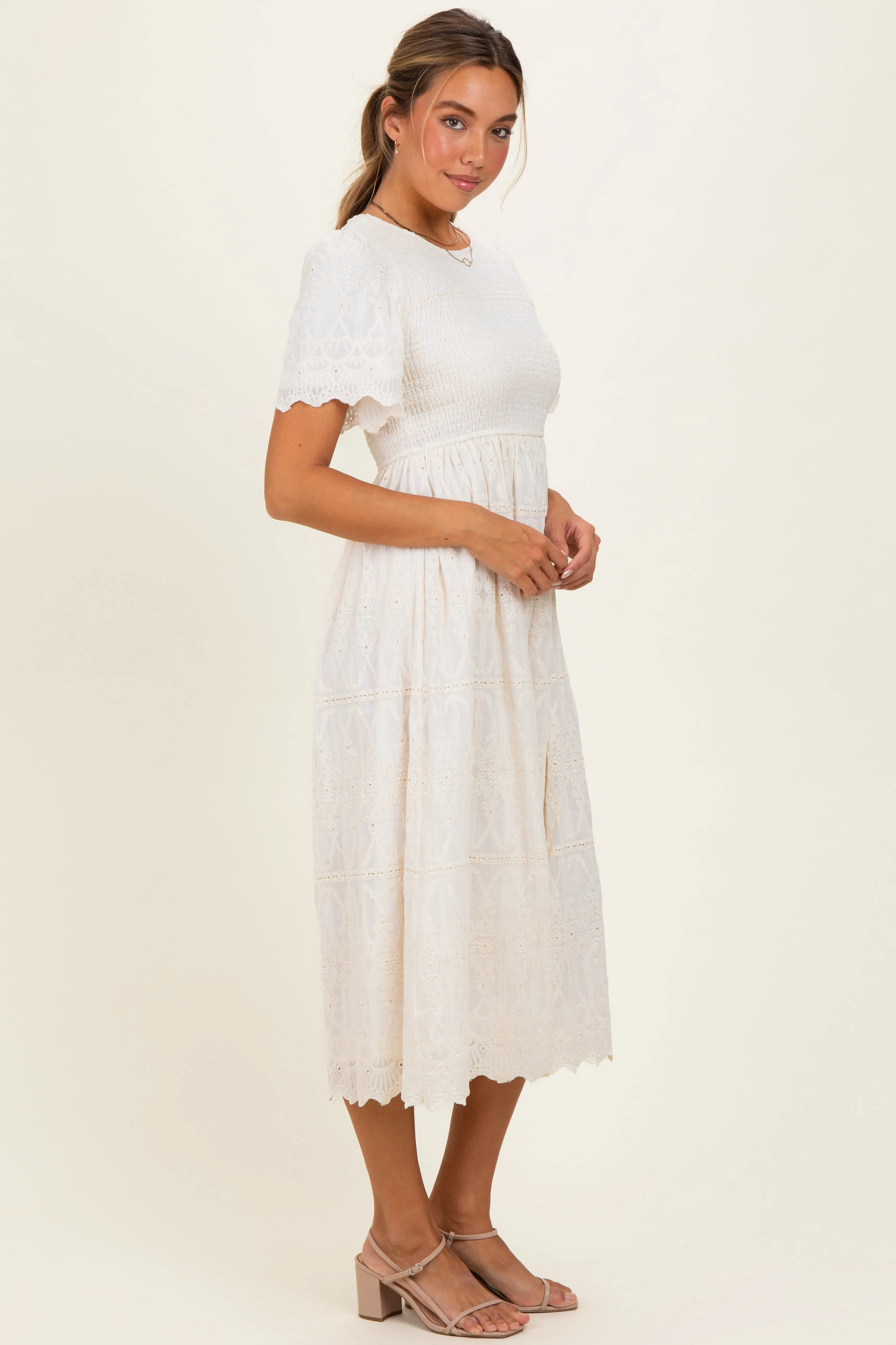 Cream Smocked Embroidered Midi Dress sold by Pinkblush product image thumbnail 2