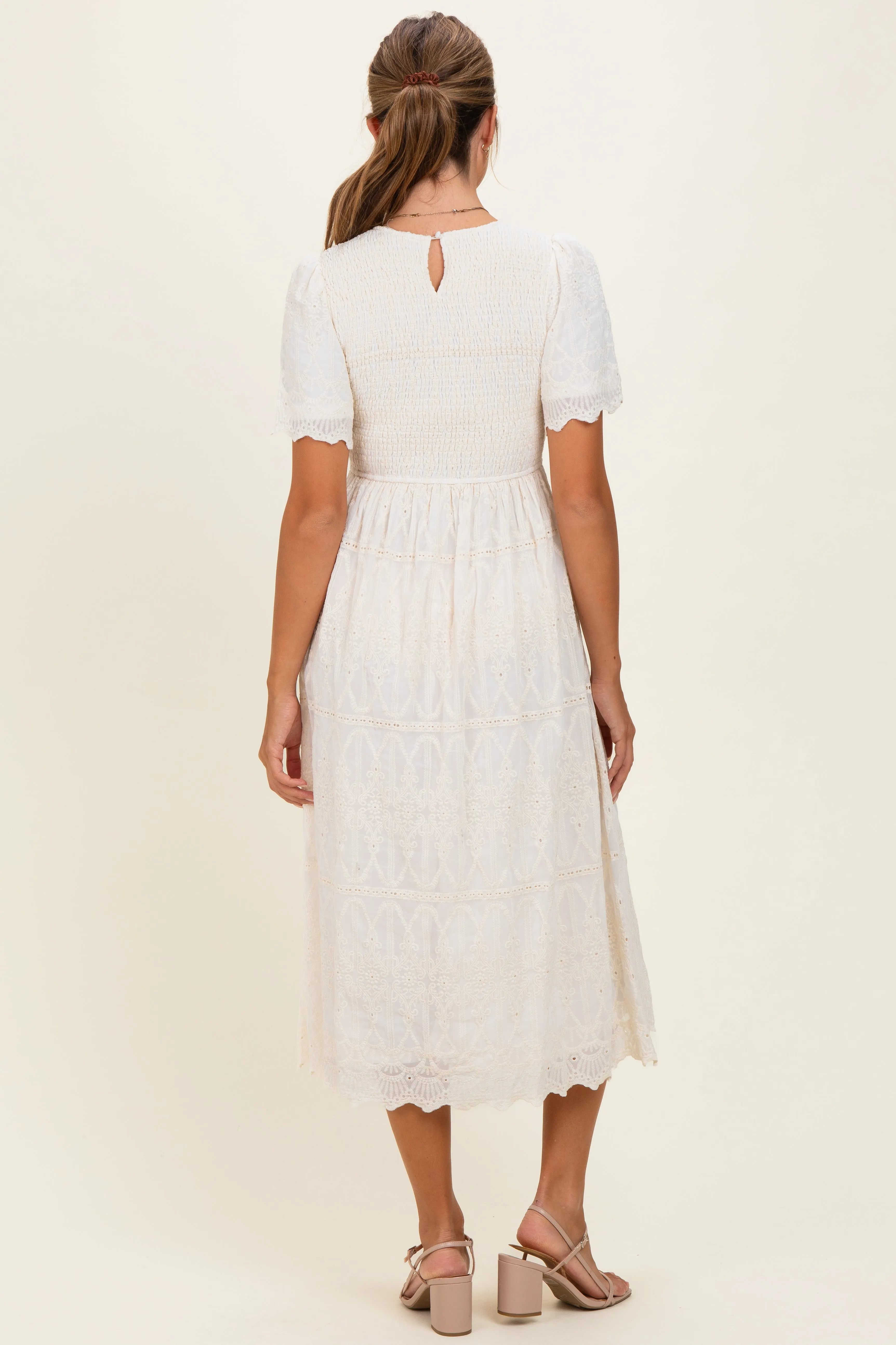 Cream Smocked Embroidered Midi Dress sold by Pinkblush product image thumbnail 3