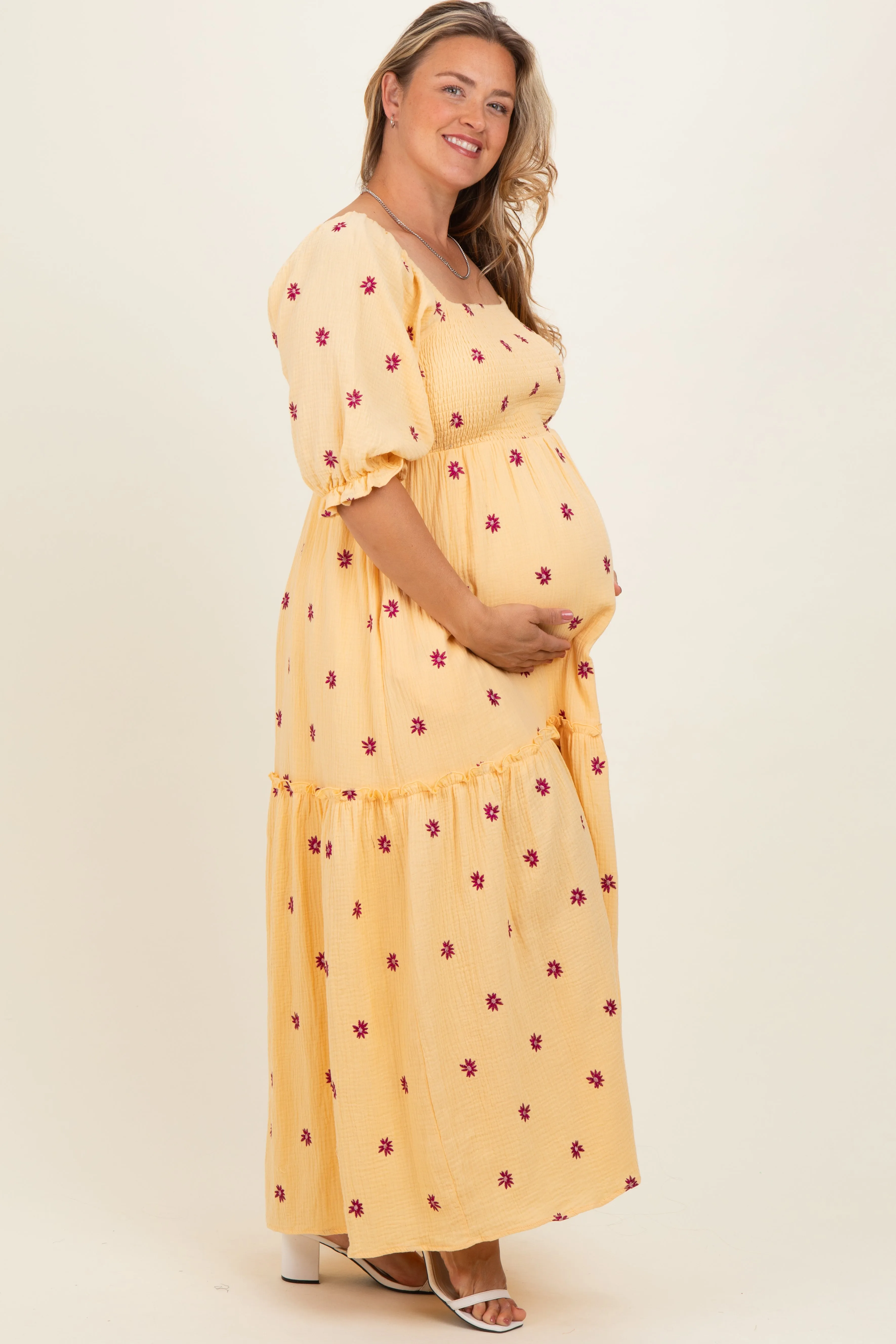 Yellow Floral Smocked Puff Sleeve Plus Maternity Maxi Dress sold by Pinkblush product image thumbnail 3
