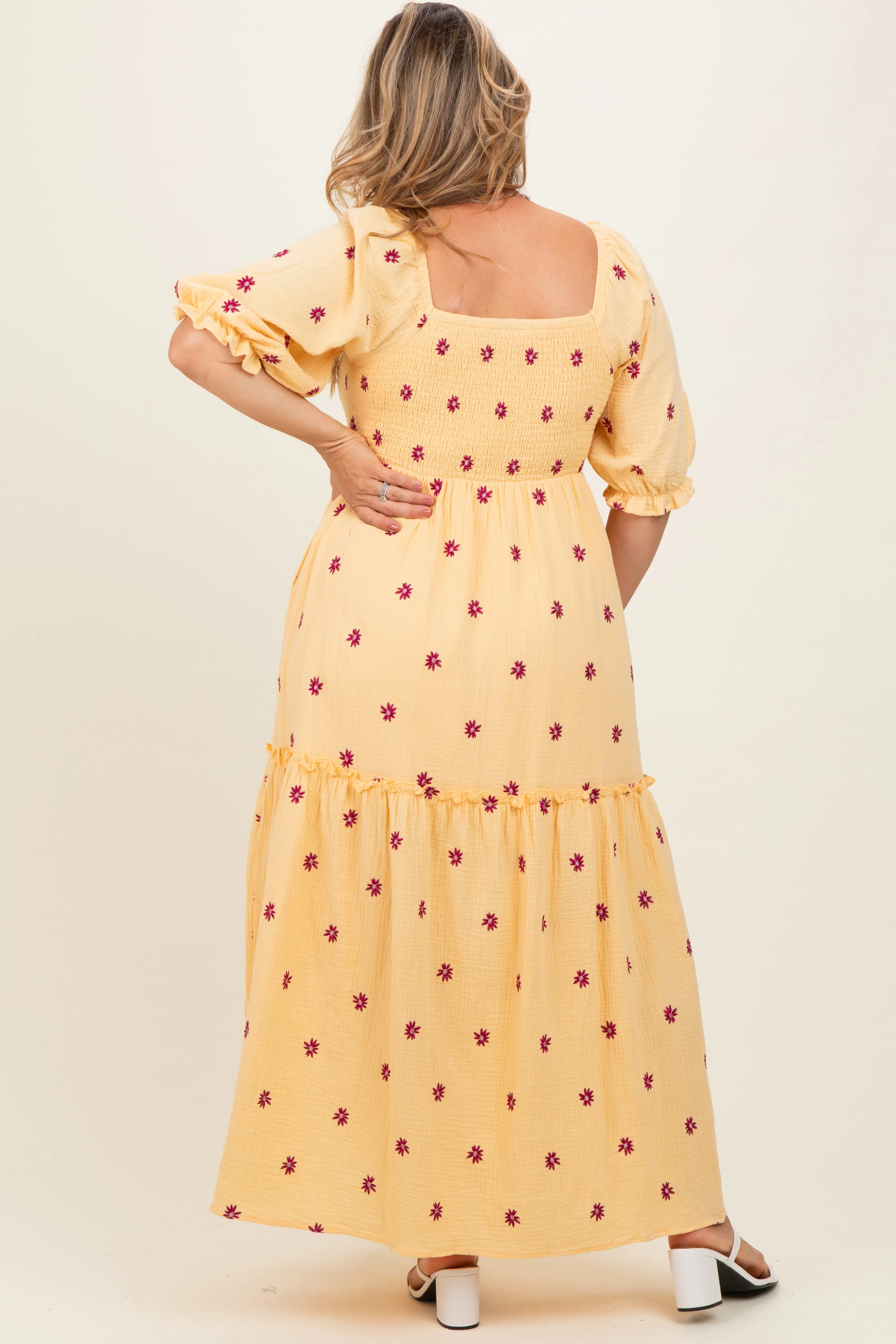 Yellow Floral Smocked Puff Sleeve Plus Maternity Maxi Dress sold by Pinkblush product image thumbnail 4