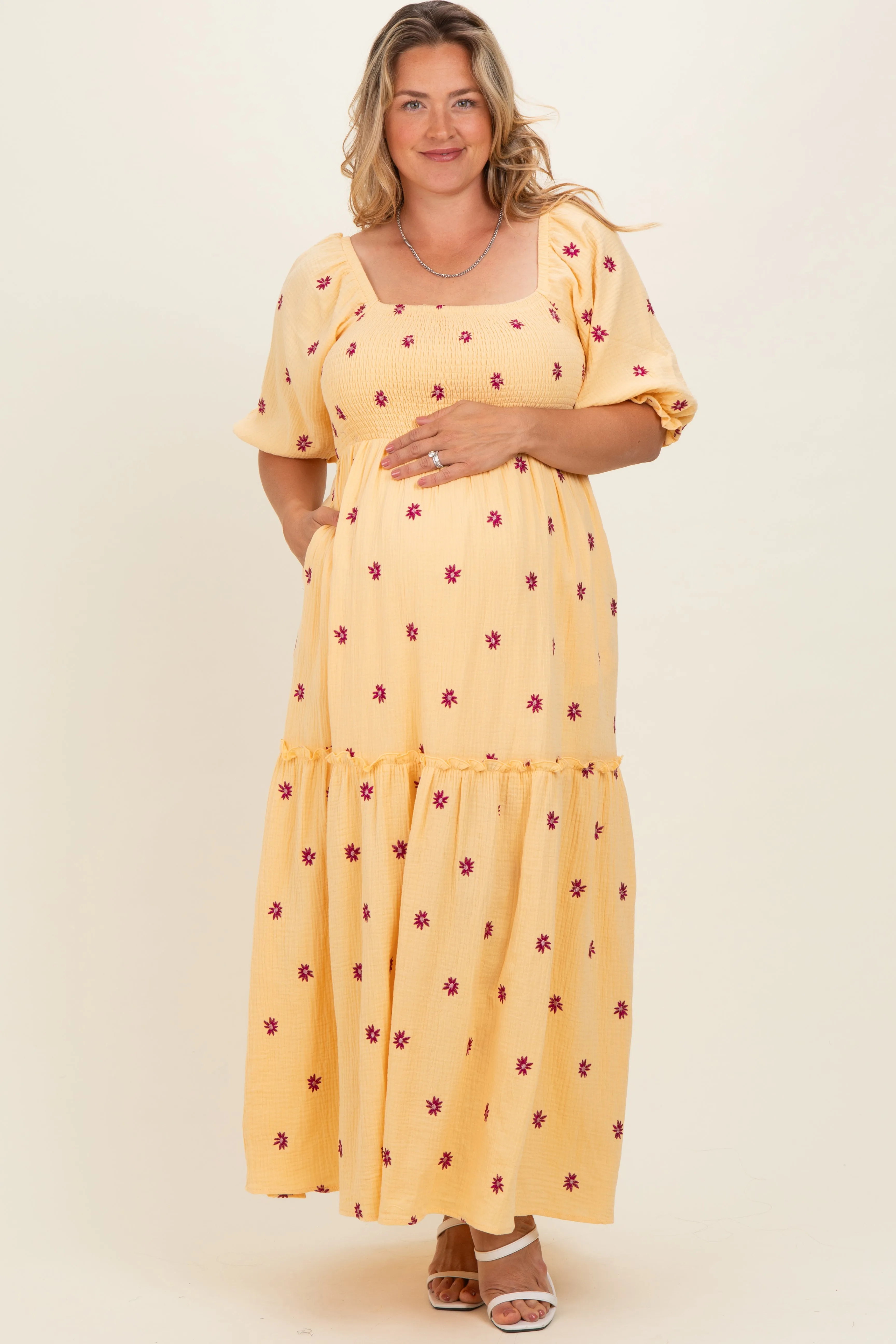 Yellow Floral Smocked Puff Sleeve Plus Maternity Maxi Dress sold by Pinkblush