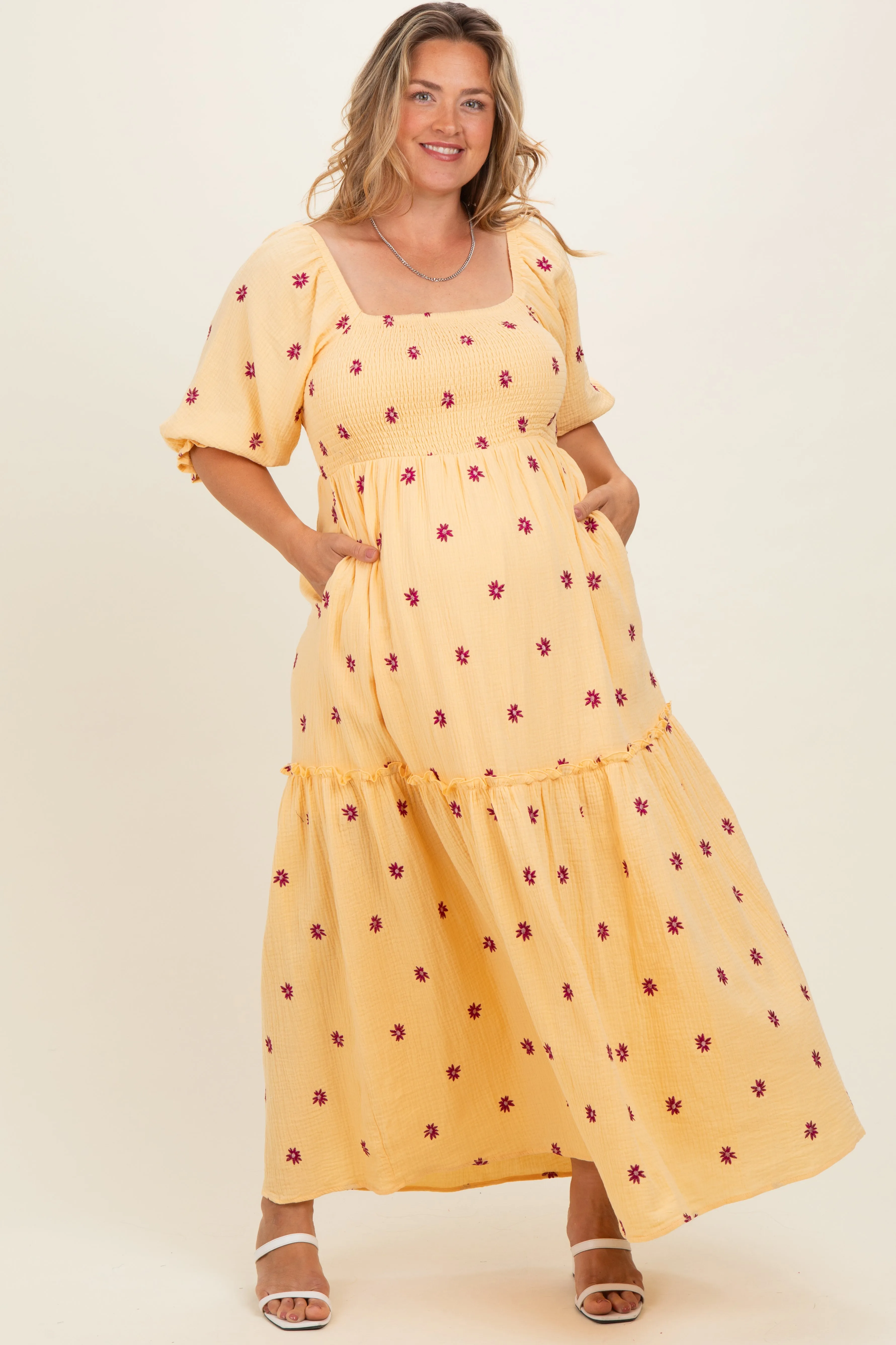 Yellow Floral Smocked Puff Sleeve Plus Maternity Maxi Dress sold by Pinkblush product image thumbnail 2