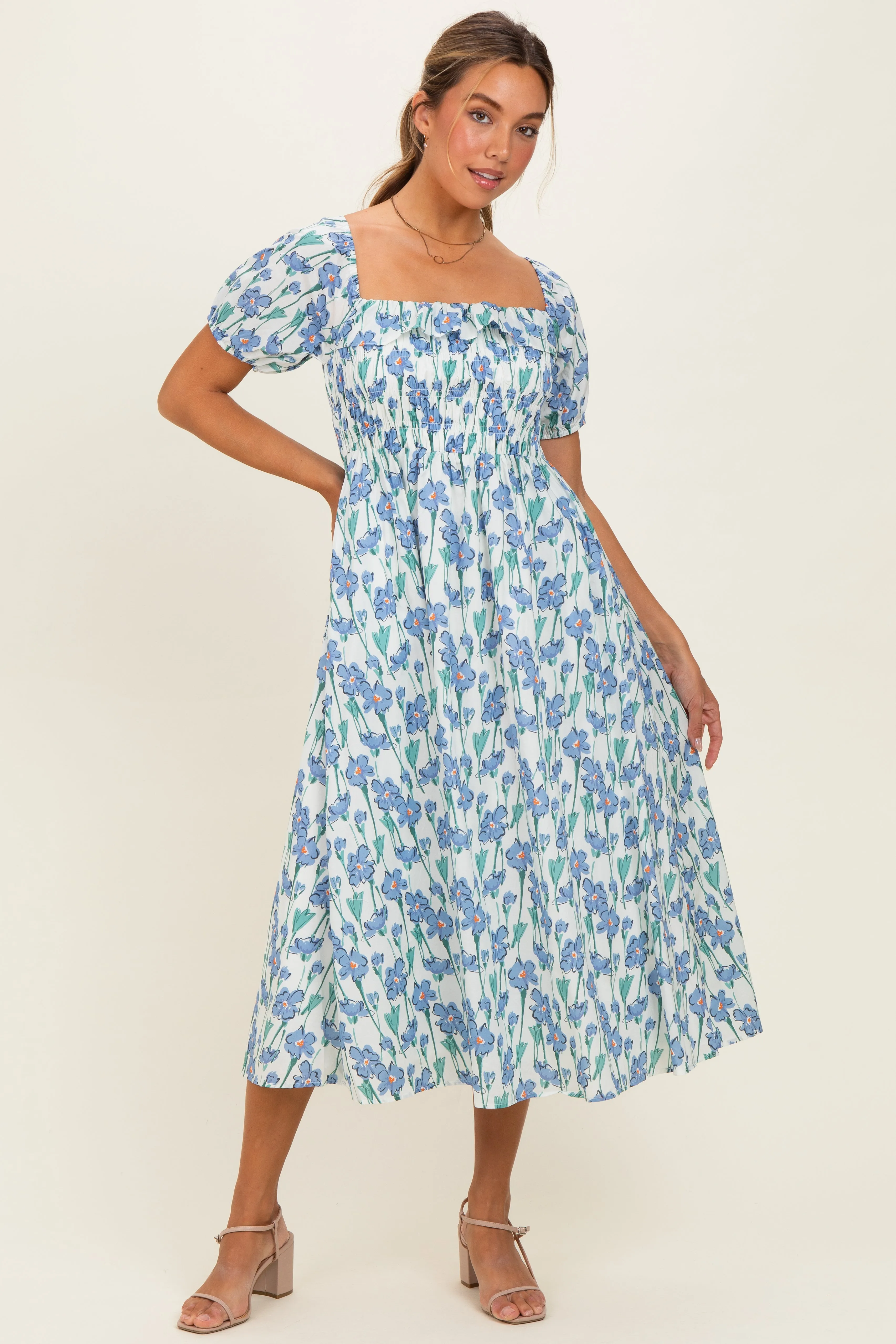 Blue Floral Smocked Ruffle Accent Midi Dress sold by Pinkblush product image thumbnail 2