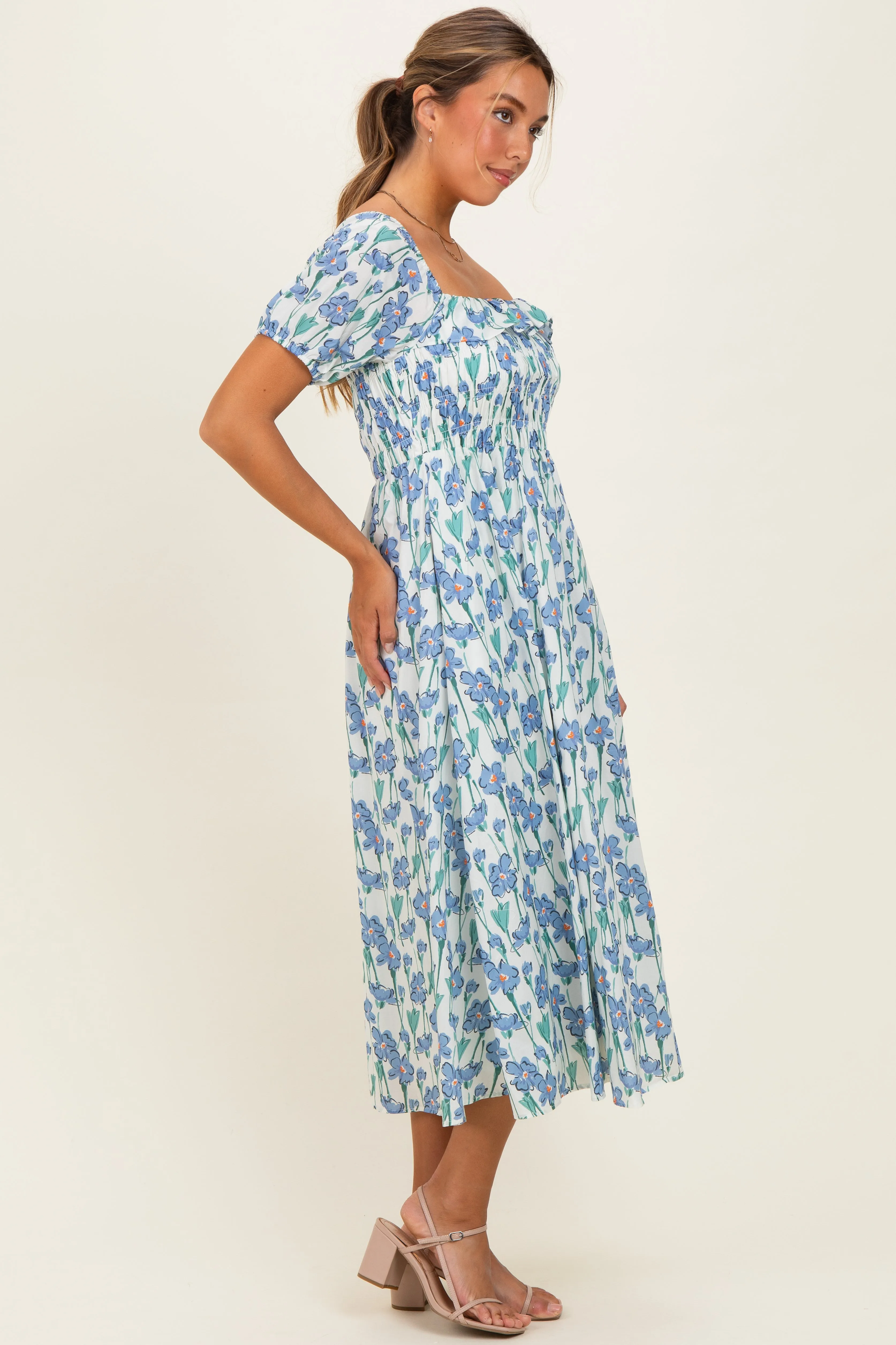 Blue Floral Smocked Ruffle Accent Midi Dress sold by Pinkblush product image thumbnail 3