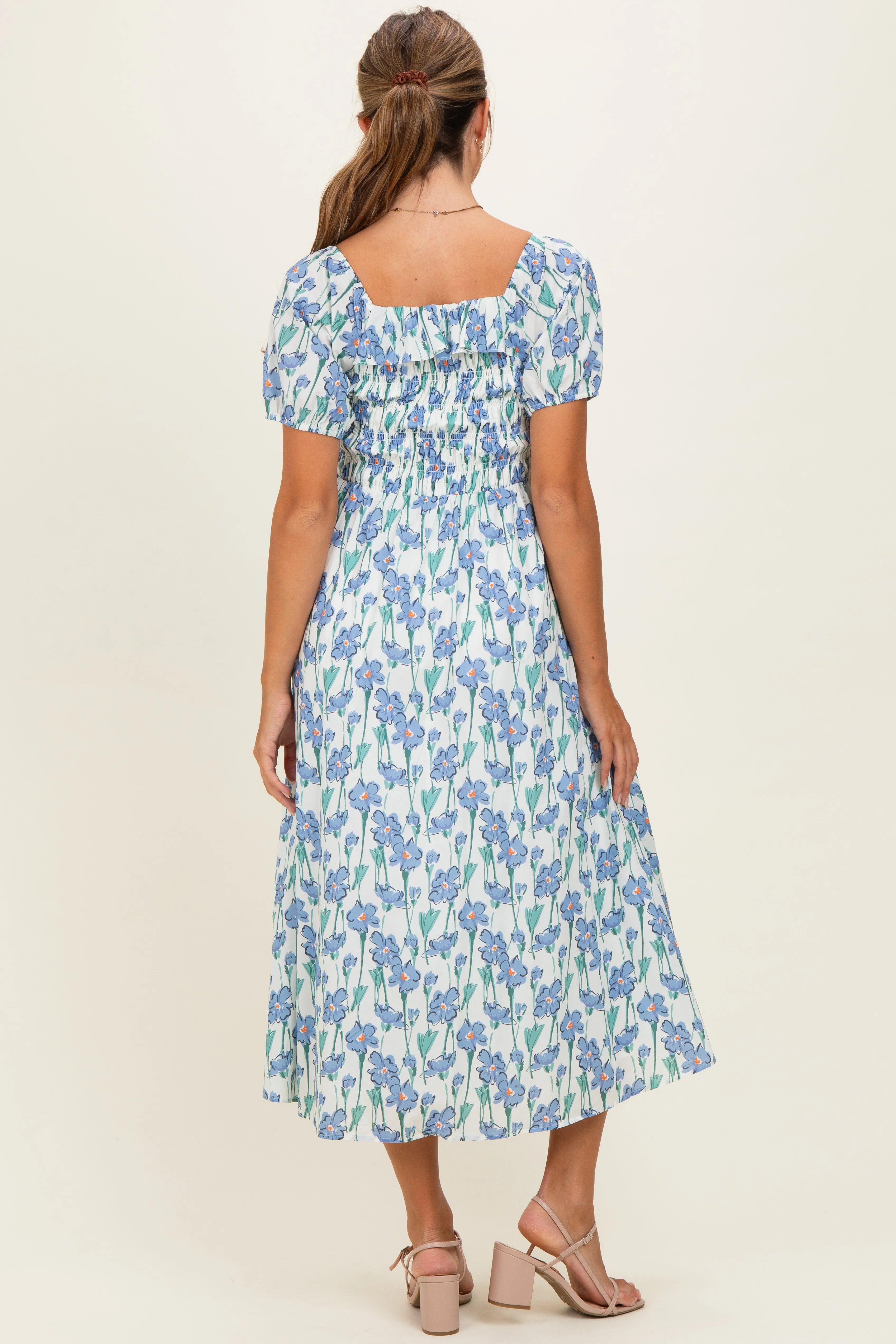 Blue Floral Smocked Ruffle Accent Midi Dress sold by Pinkblush product image thumbnail 4