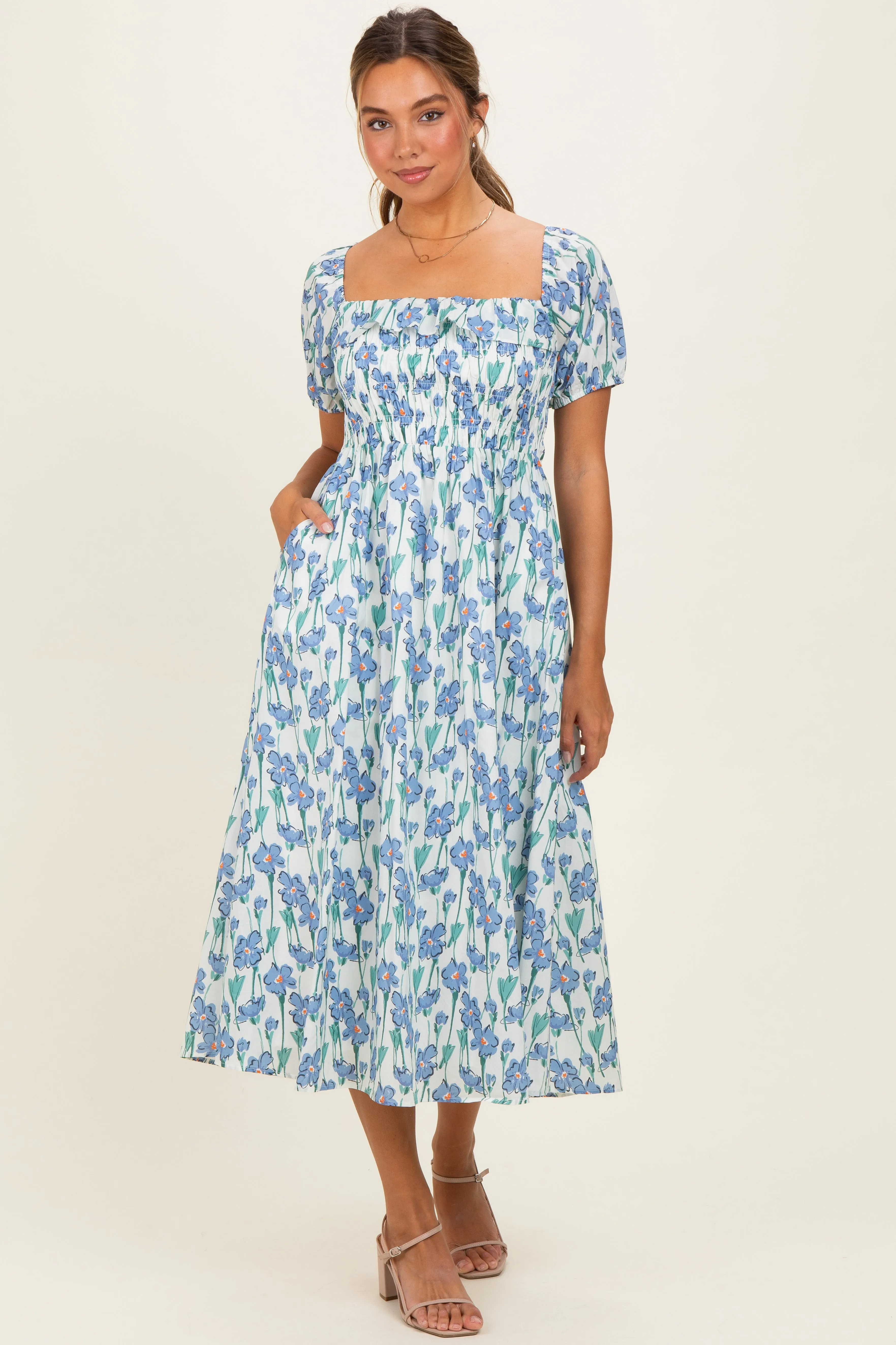 Blue Floral Smocked Ruffle Accent Midi Dress sold by Pinkblush