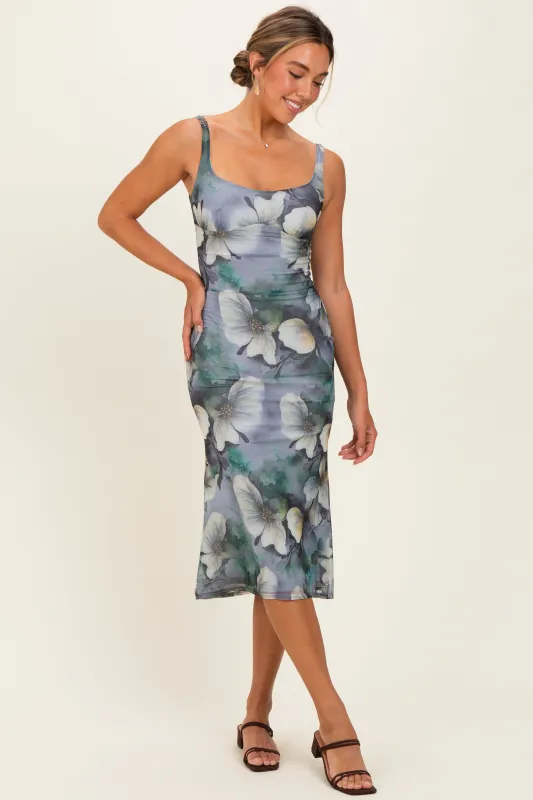 Grey Mesh Floral Sleeveless Midi Dress made by privy